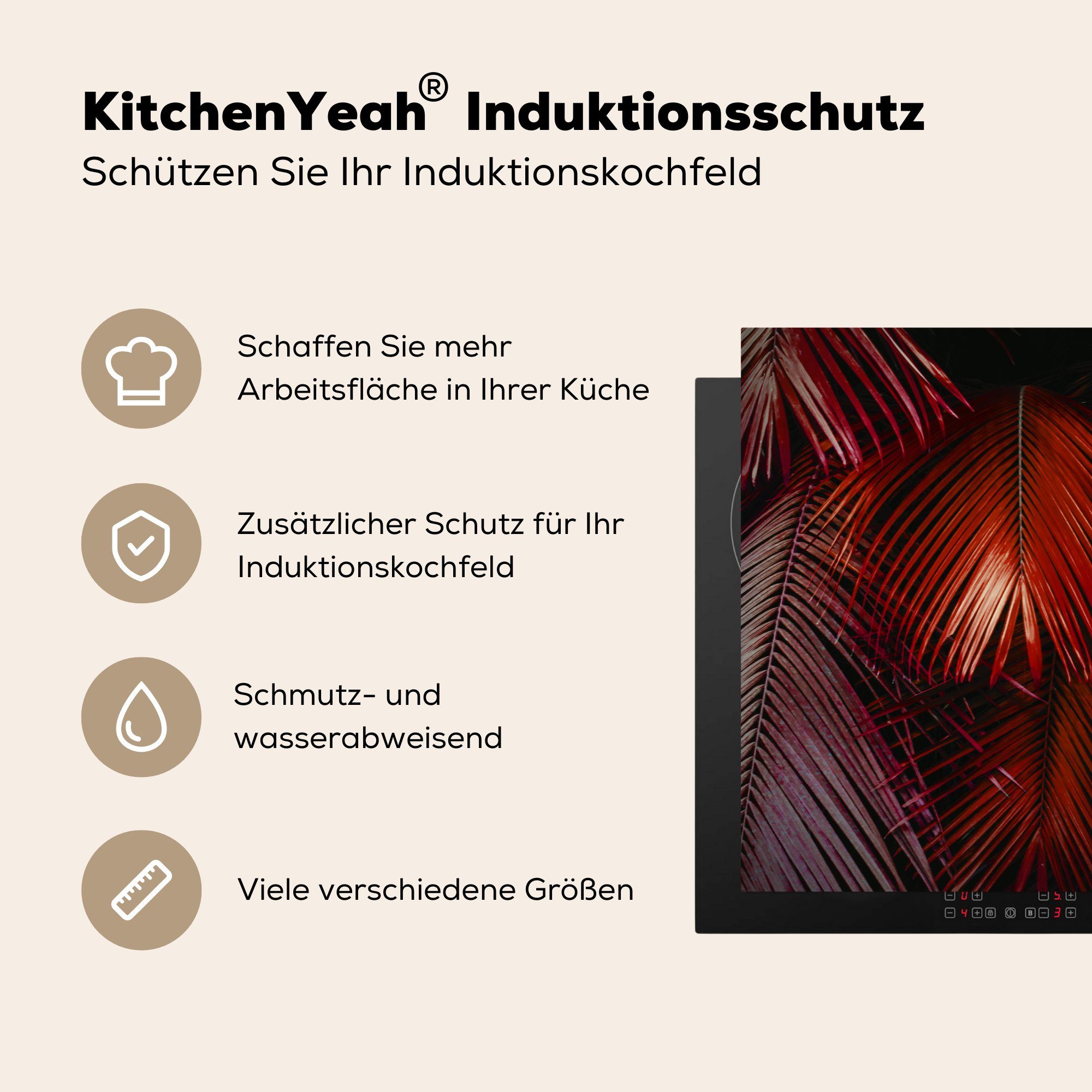 (1 Design Farben für Herdblende-/Abdeckplatte - 78x78 Vinyl, Ceranfeldabdeckung, Dschungel - tlg), Blätter, Arbeitsplatte MuchoWow cm, küche -