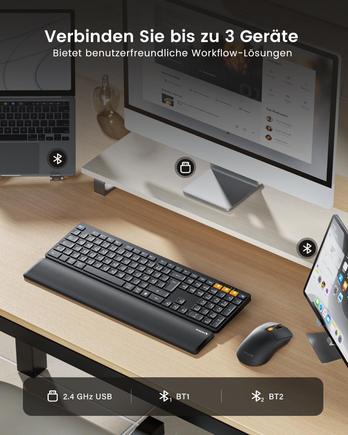 ProtoArc Kabellos Bluetooth Tastatur Maus mit Handballenauflage Tastatur- und Maus-Set, (2.4GHz + Dual Bluetooth, Wiederaufladbar), KM60 Full-Size Tastatur und Maus