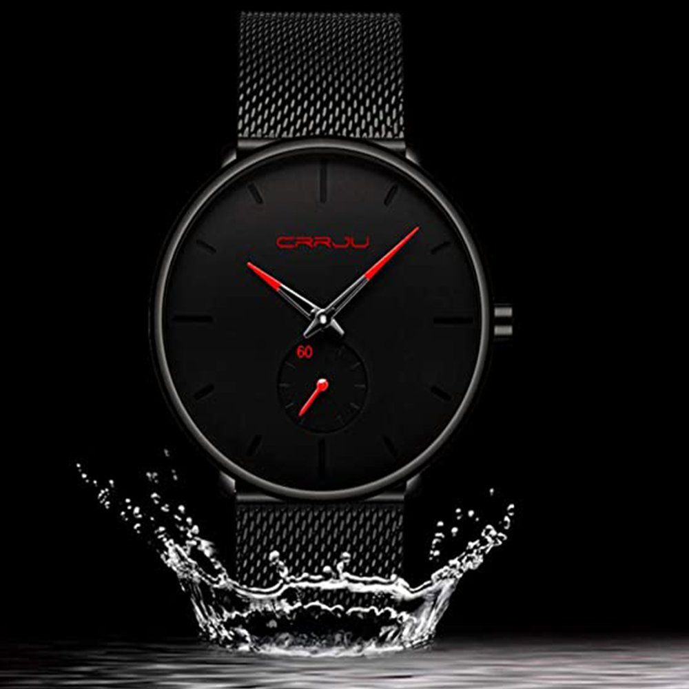 ‎‎Schwarz+rot Ultra Quarz Quarzuhr GelldG Herren Uhren mit Edelstahl, Schwarze Armband) (Set, Minimalistische Dünne