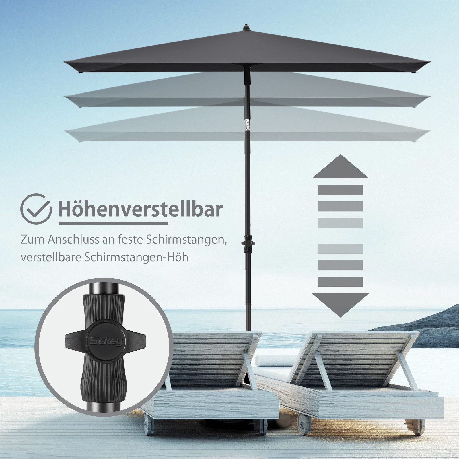 Sekey Sonnenschirm Rechteckig Höhenverstellbar Balkonschirm Knickbar, mit Schutzhülle, LxB: 210,00x140 cm, Sonnenschutz UPF50+, Kippbar, Höhenverstellbar Sonnen – Bild 4 von 5