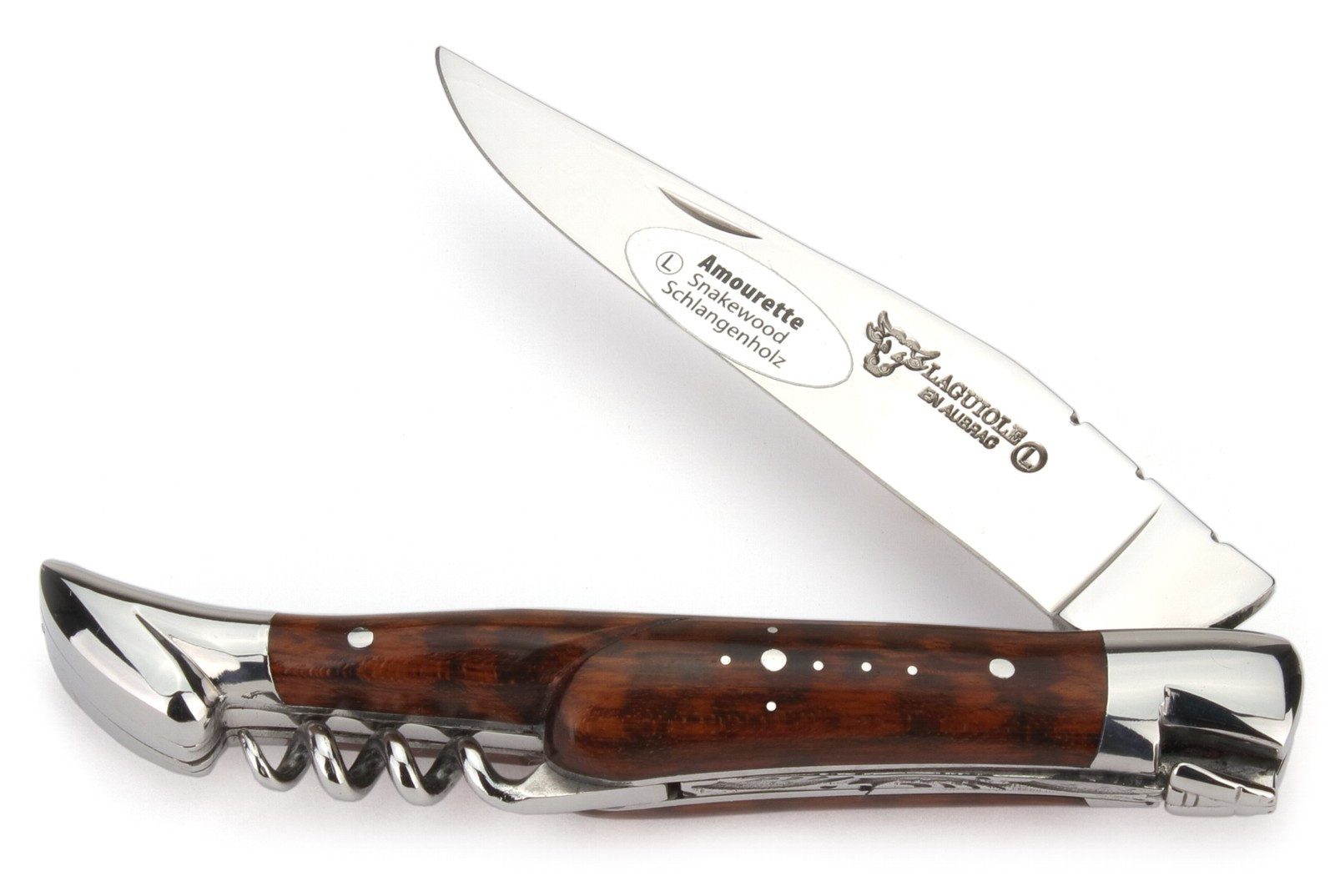 Laguiole en Aubrac Карманные ножи L0311AMIS, Griff 11cm Schlangenholz - Feder verziert - Korkenzieher - Stahl glanz