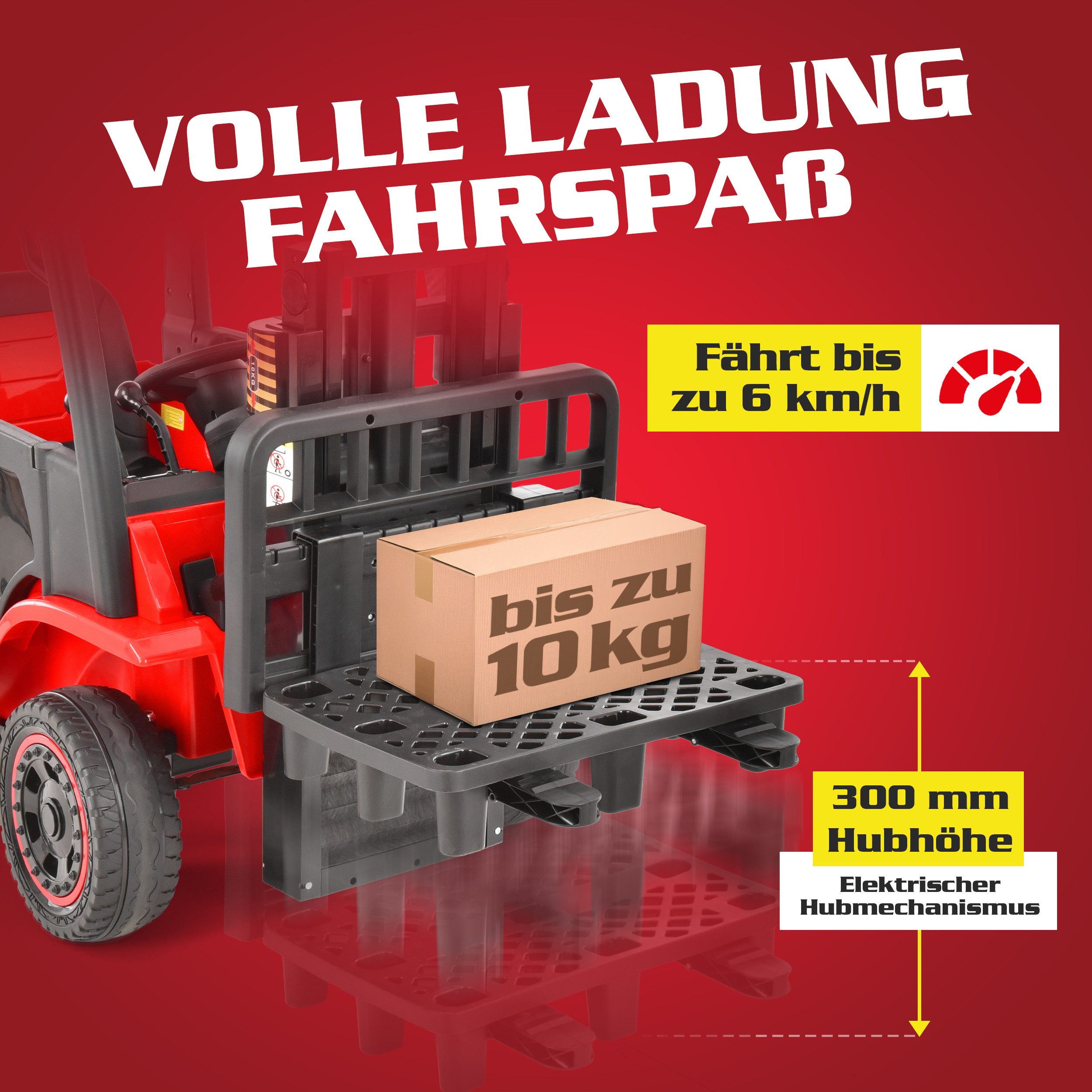 Hecht Spielzeug-Gabelstapler 52108 mit Fernbedienung, 12V Akku bis 35 kg und 6 km/h, Hebt bis 10 kg, mit Radio, Mp3, Bluetooth