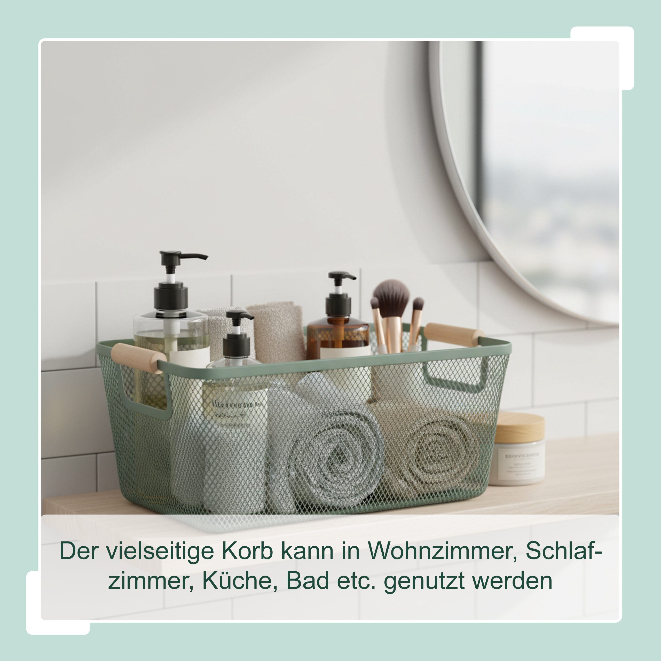 relaxdays Aufbewahrungskorb Drahtkorb mit Holzgriffen (1 St), Mint – Bild 5 von 5