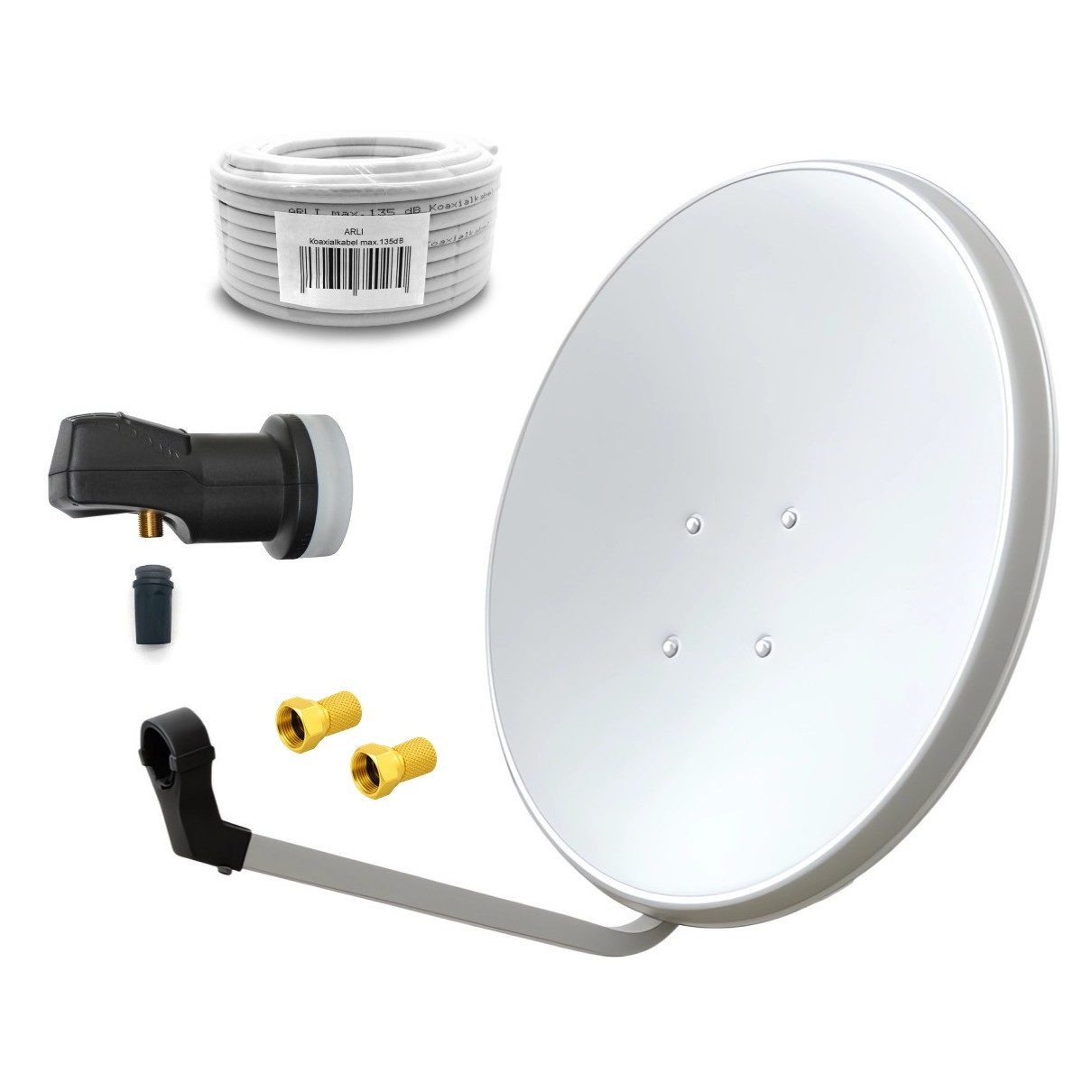 ARLI SAT Anlage Weiß mit Single LNB 15m Koaxialkabel SAT-Antenne (60 cm, Stahl, 2x F-Stecker vergoldet - 1 Teilnehmer)