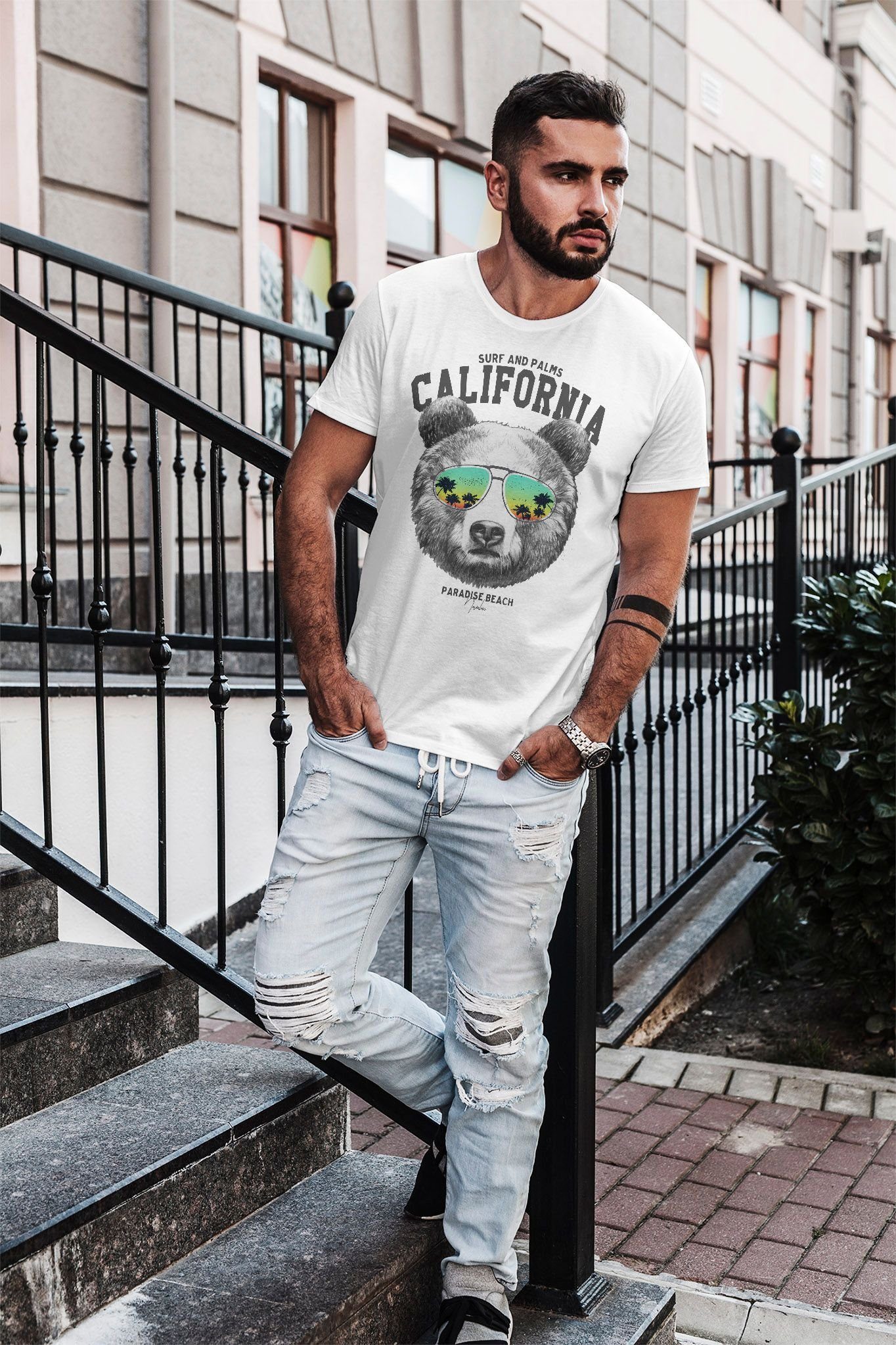 weiß Slim Summer T-Shirt Neverless® Fit Sonnenbrille Bear mit Print-Shirt Neverless Herren Löwe California Palmen Print Bär