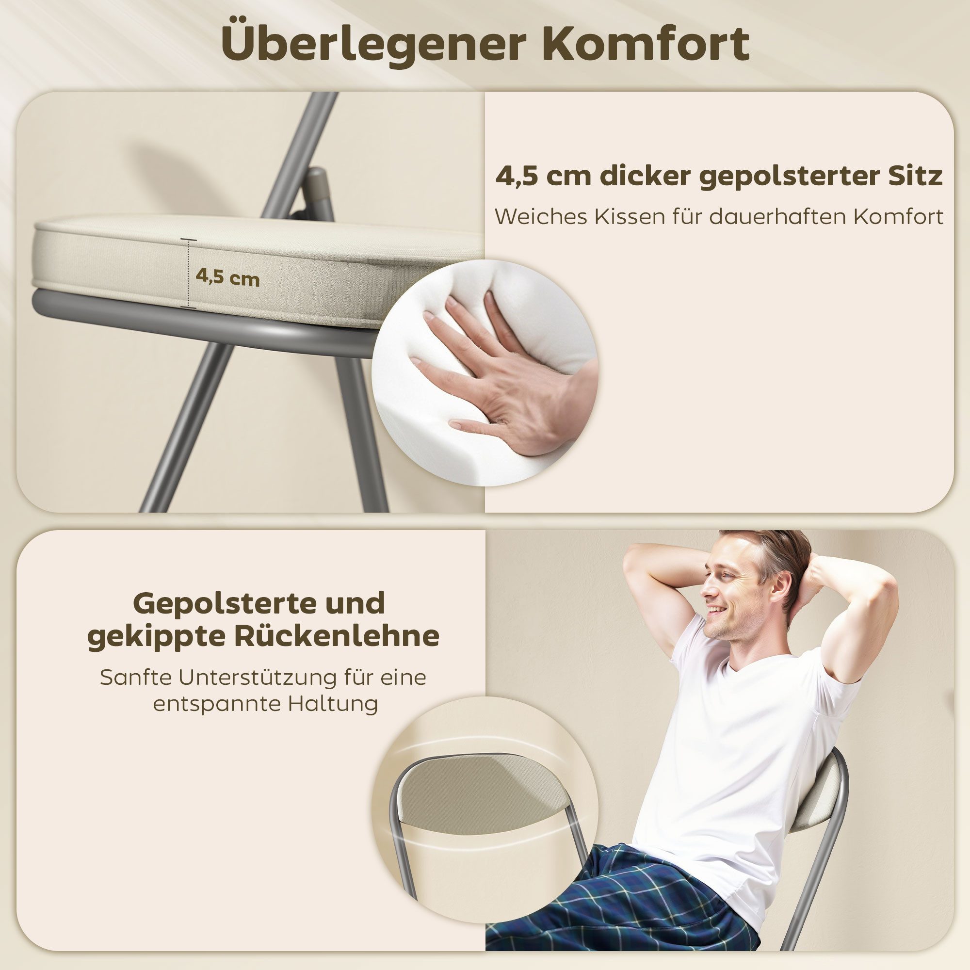 HOMCOM Klappstuhl Klappbar Bürostuhl mit Stahlrahmen, Küchenstuhl mit Polster (4er Set Campingstuhl, 4 St), bis 120 kg belastbar für Gäste, Büro, Camping, Creme – Bild 4 von 5