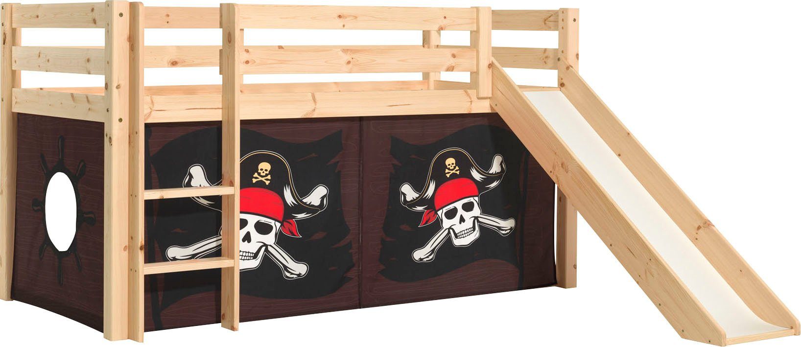 Vipack Spielbett Pino, Kiefer massiv, mit Rolllattenrost u. Textil-Set, Made in Europe (B/H/T ca. 210x114x218cm, mit Absturzschutz, Leiter und Rutsche), verschiedene Textil-Designs und Holzfarben zur Wahl