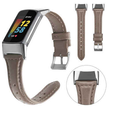 Wigento Smartwatch-Armband Für Fitbit Charge 6 / 5 Leder Watch Armband Männer Größe L Dunkelbraun
