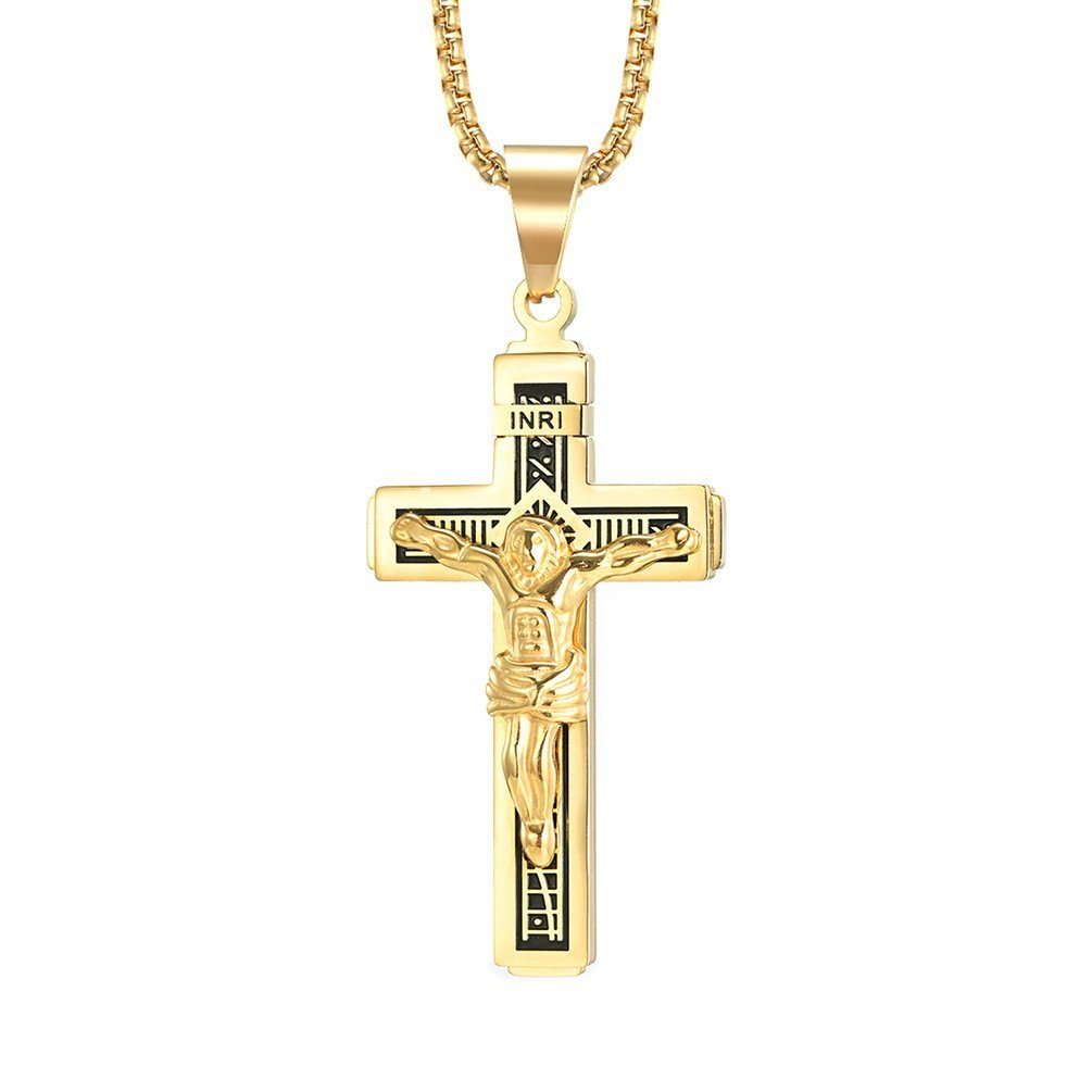 Kette Gold Länge Kreuzanhänger Jesus Kettenanhänger Karisma Inri 55cm Edelstahl