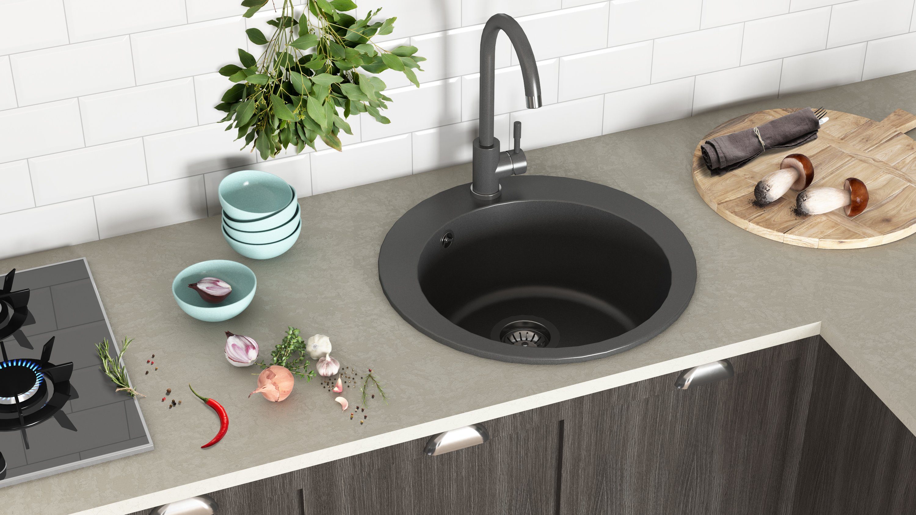 GURARI Granitspüle SRR 100 - 601 W Einbau Granitspüle, Schwarz, inkl. Siphon, CROWN, 50.5/50.5 cm, (1 St), Einbau Spüle, Küchenspüle, Schwarz, inkl. Siphon, 50,5, Ø 39,5 x 19