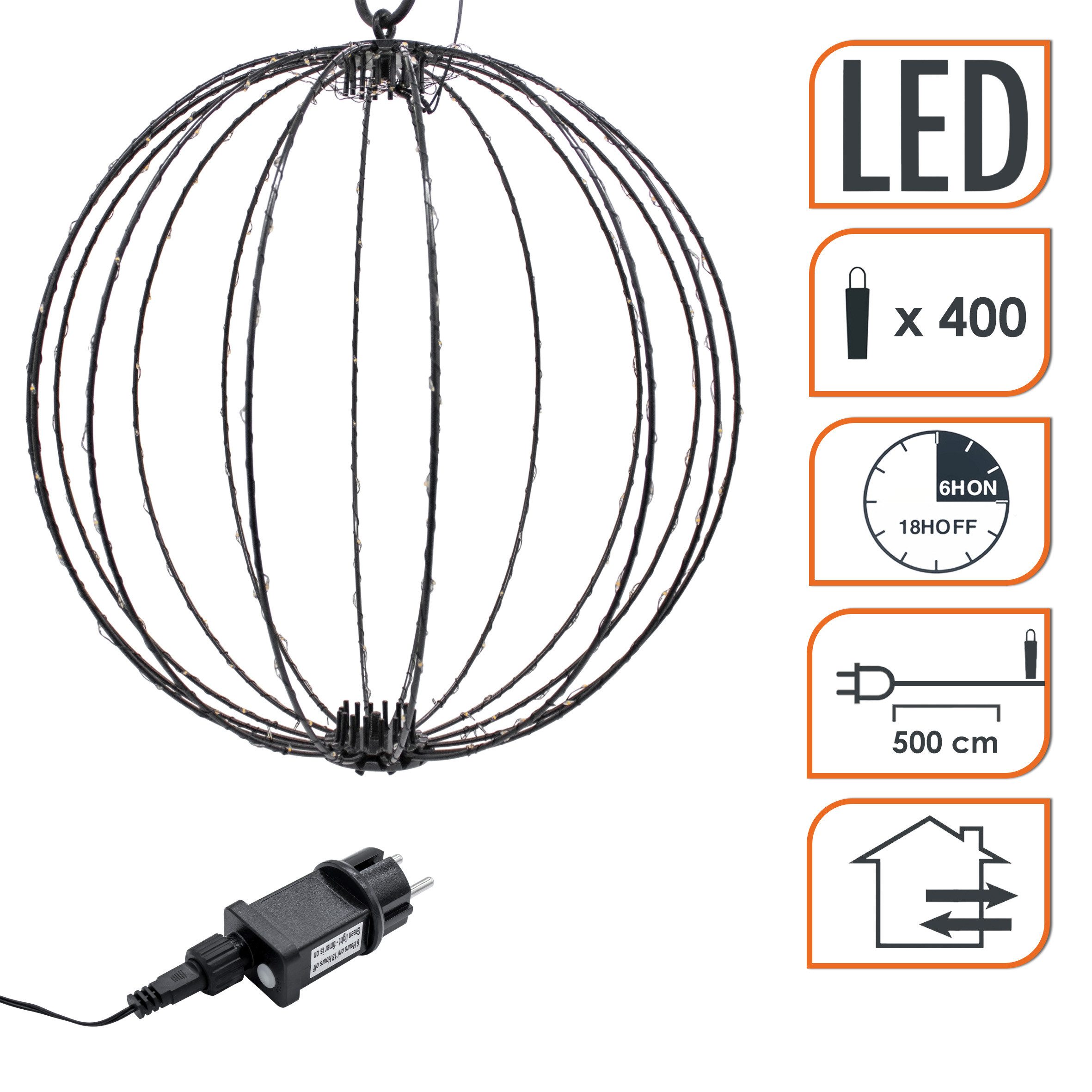 Spetebo LED Kugelleuchte zum hängen für Außen mit Netzstecker, Dekoleuchte, LED fest integriert, extra warm weiß, mit Timer – Bild 3 von 5
