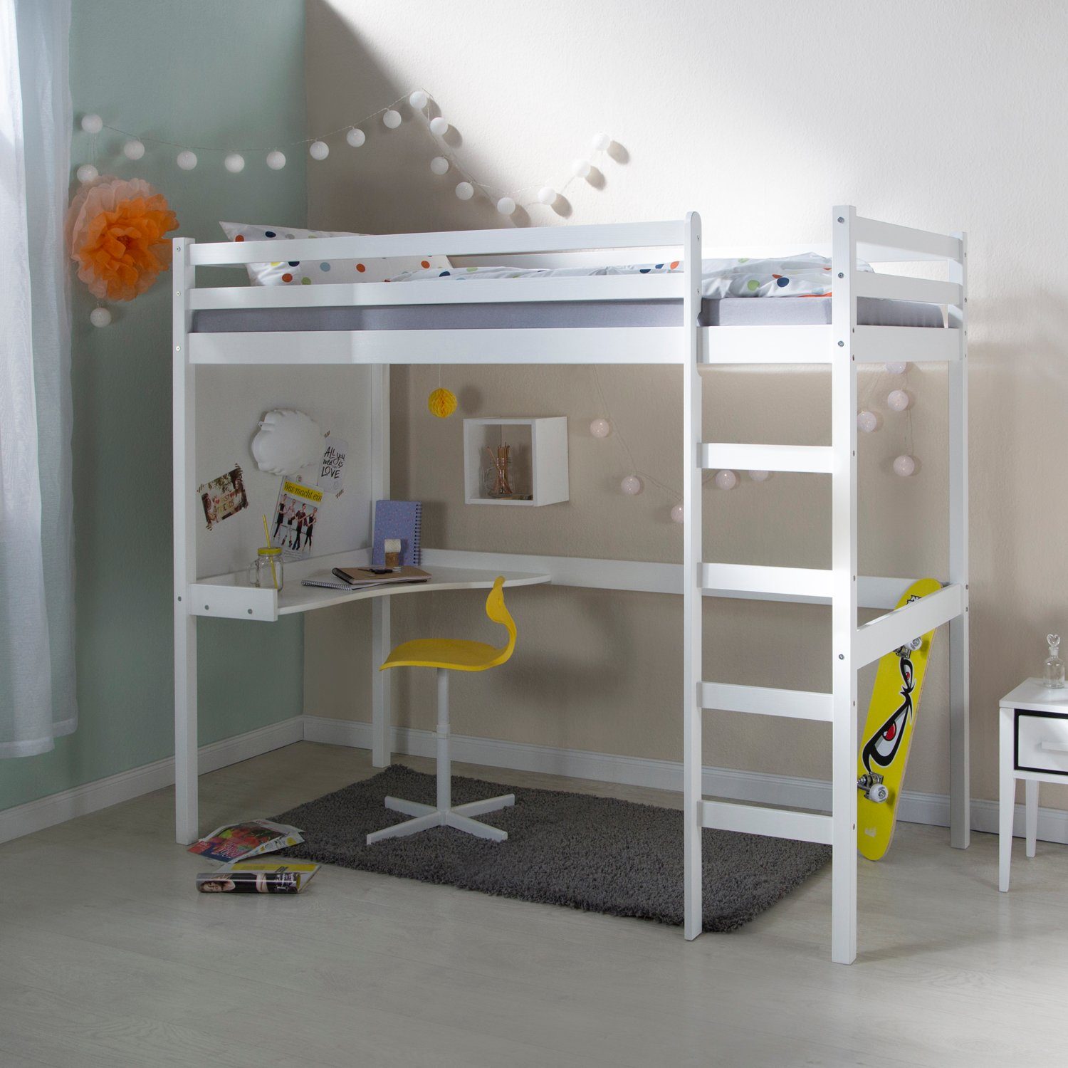 Hochbett 90x200 Kinderbett Weiß Schreibtisch Leiter Rausfallschutz Treppe
