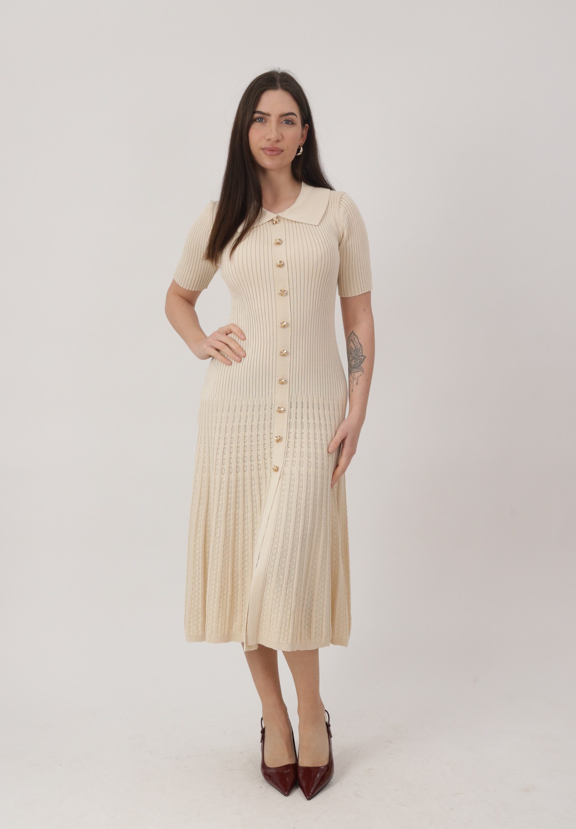 Elara Midikleid Midi Strickkleid Damen mit Polokragen & eleganter Knopfleiste – Bild 2 von 5