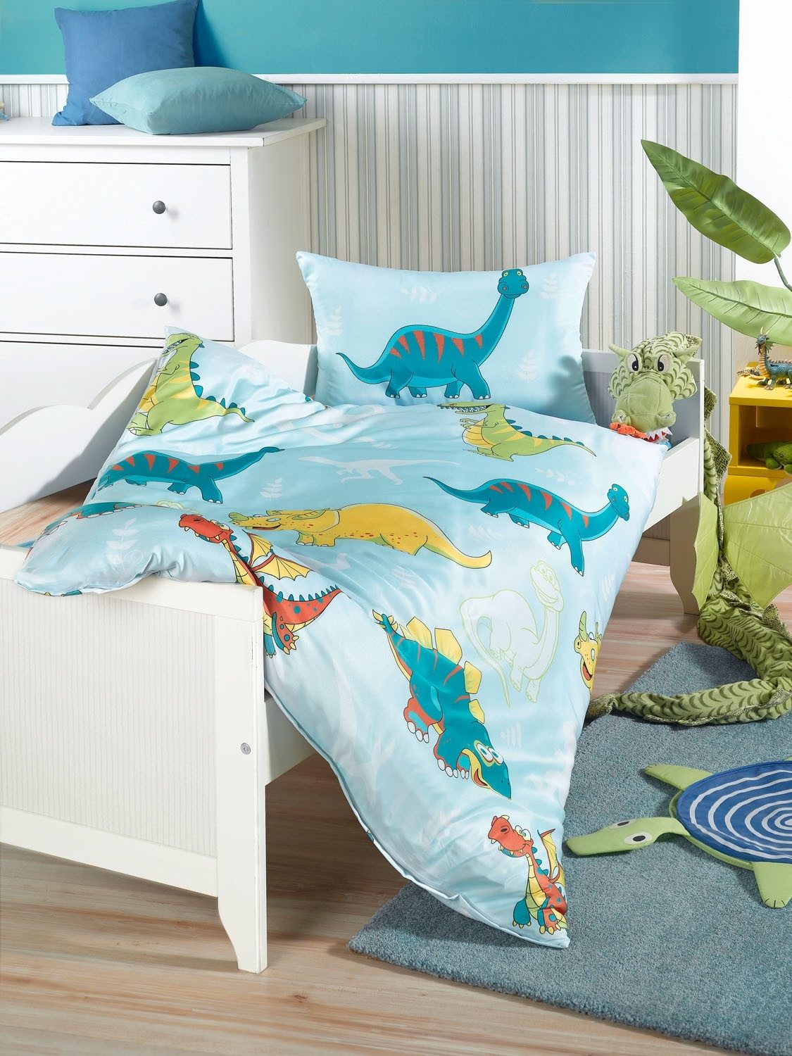 Holiday Heimtex Babybettwäsche DINOS, 100 x 135 cm, Blau, Grün, Gelb, Polyester, 2 teilig, 2-teilig, mit Reißverschluss