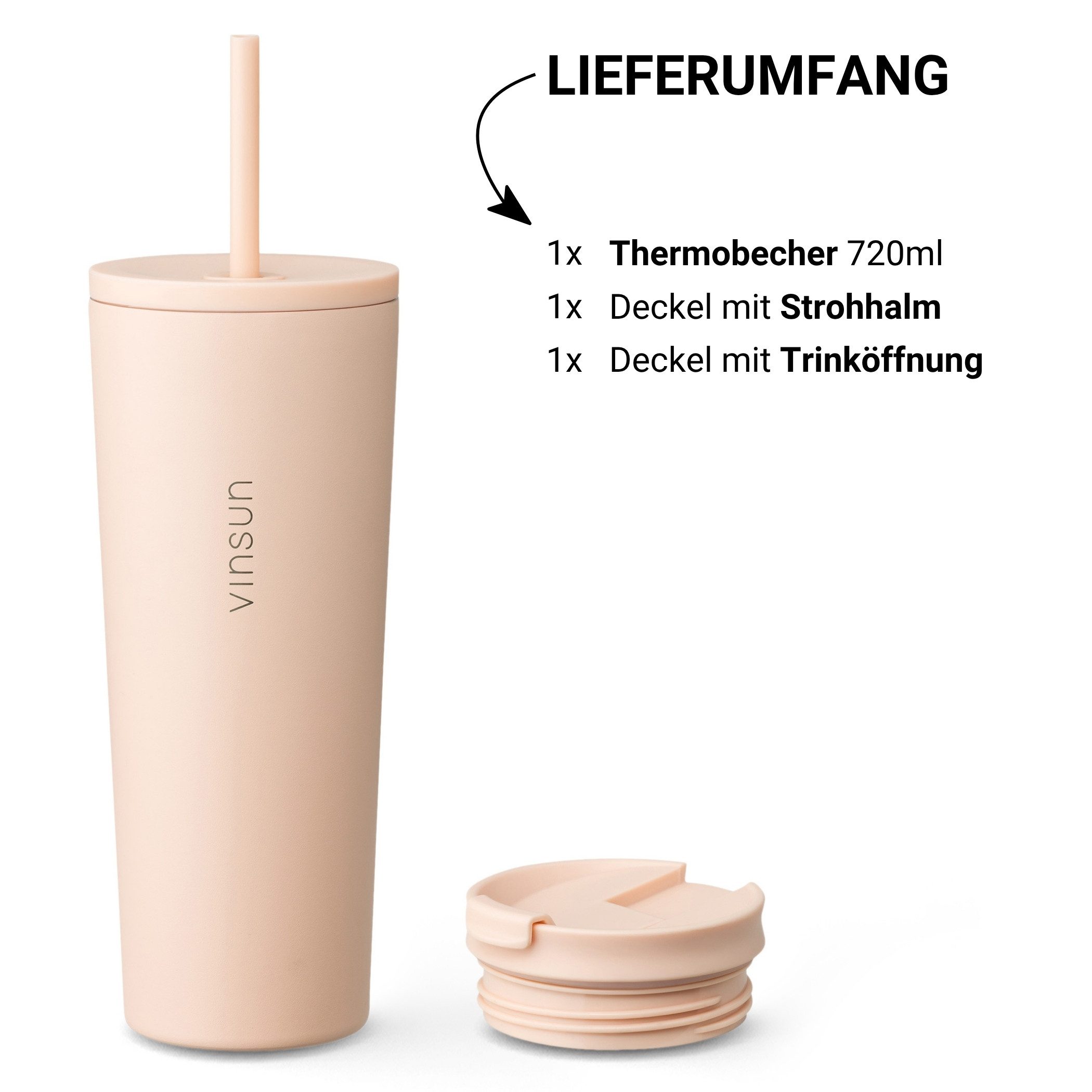 Vinsun Thermobecher Edelstahl Becher mit Strohhalm 720ml - Isolierbecher auslaufsicher, 4-tlg., Edelstahl, Doppelwandig isoliert, BPA frei, bruchfest, Kalt- und – Bild 5 von 5