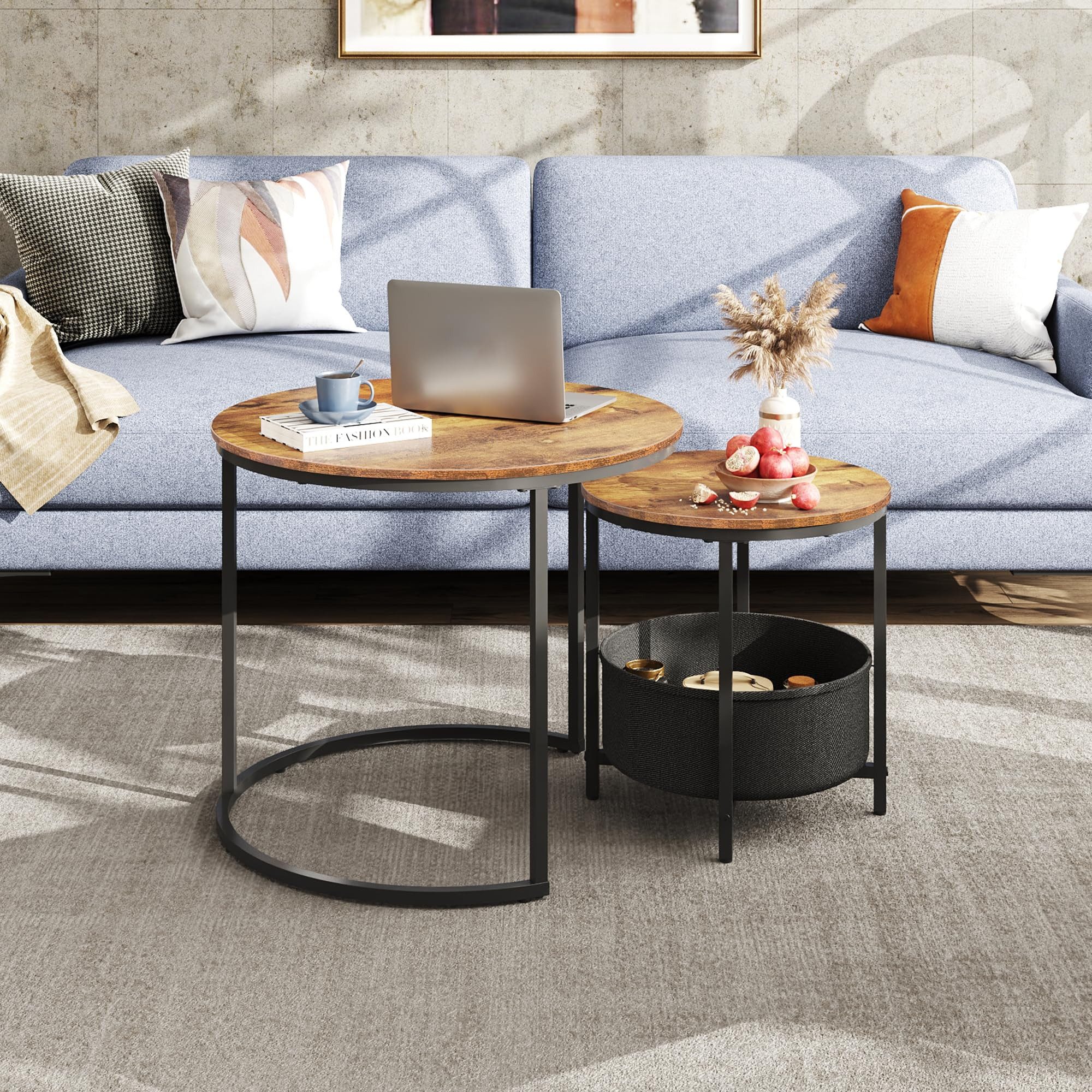 WLIVE Couchtisch Couchtisch 2er‑Satztisch rund mit Stauraum, (Beistelltisch mit Stoffkorb & Metallgestell, Holzoptik, 2er Set), 2 in 1 Verschachtelung