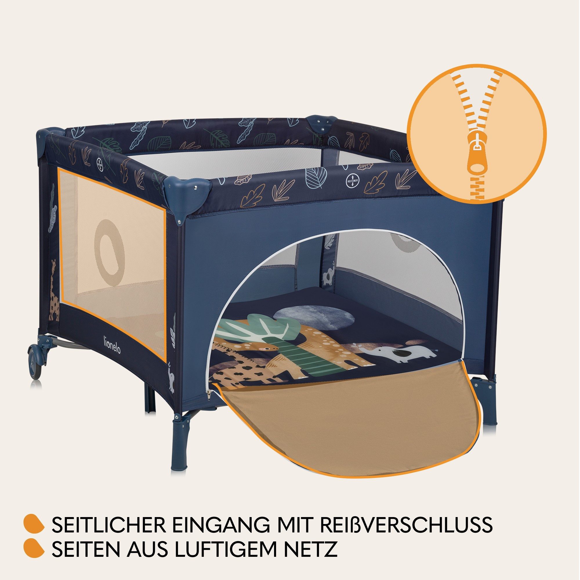 lionelo Laufgitter BONNIE (Set), Große Fläche, Seiteneingang, leicht klappbar, Transporttasche