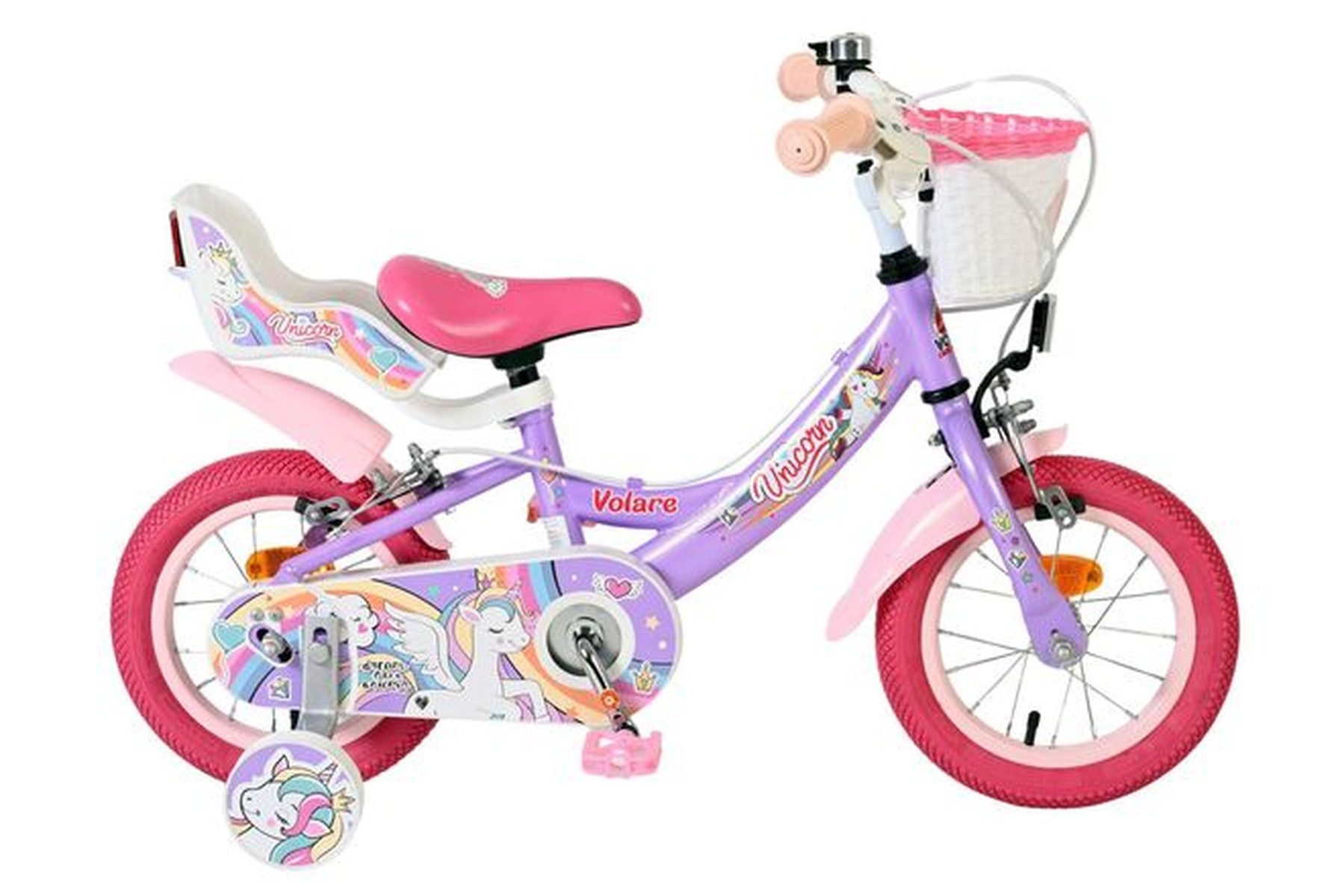 Volare Kinderfahrrad Unicorn 12 Zoll Mädchen Lila mit Korb und Puppensitz, zwei Handbremsen, Höhenverstellbarer Sattel (40–48 cm) und Lenker, 85 % vormontiert