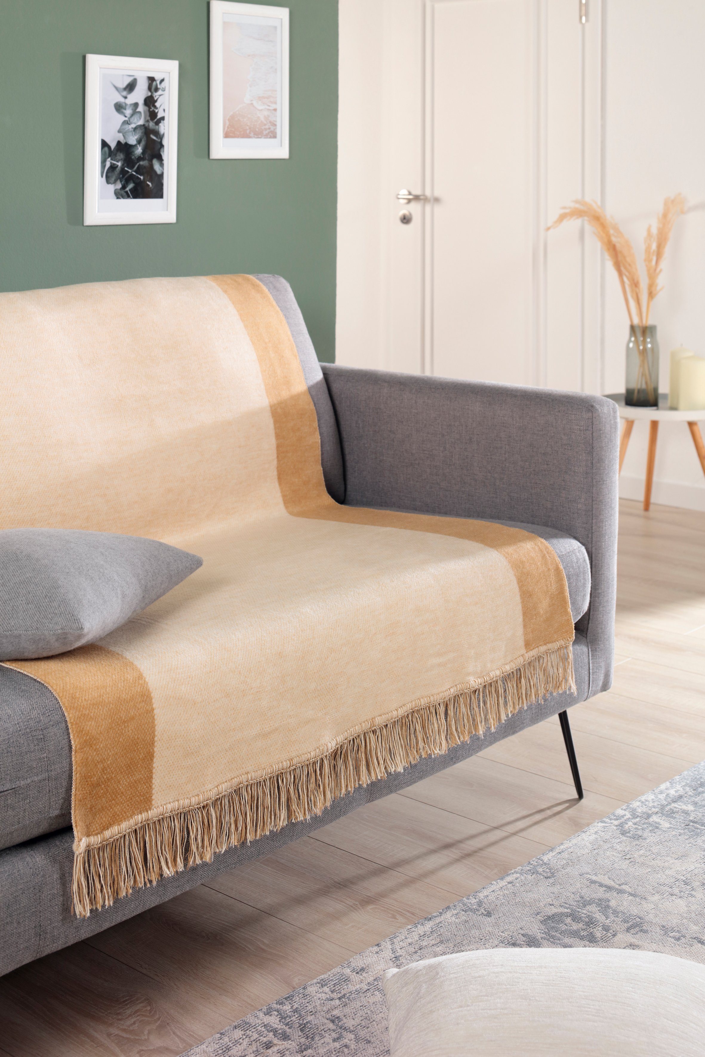 Sofaschoner Cotton Cover Salt & Pepper Biederlack, mit Fransen beige