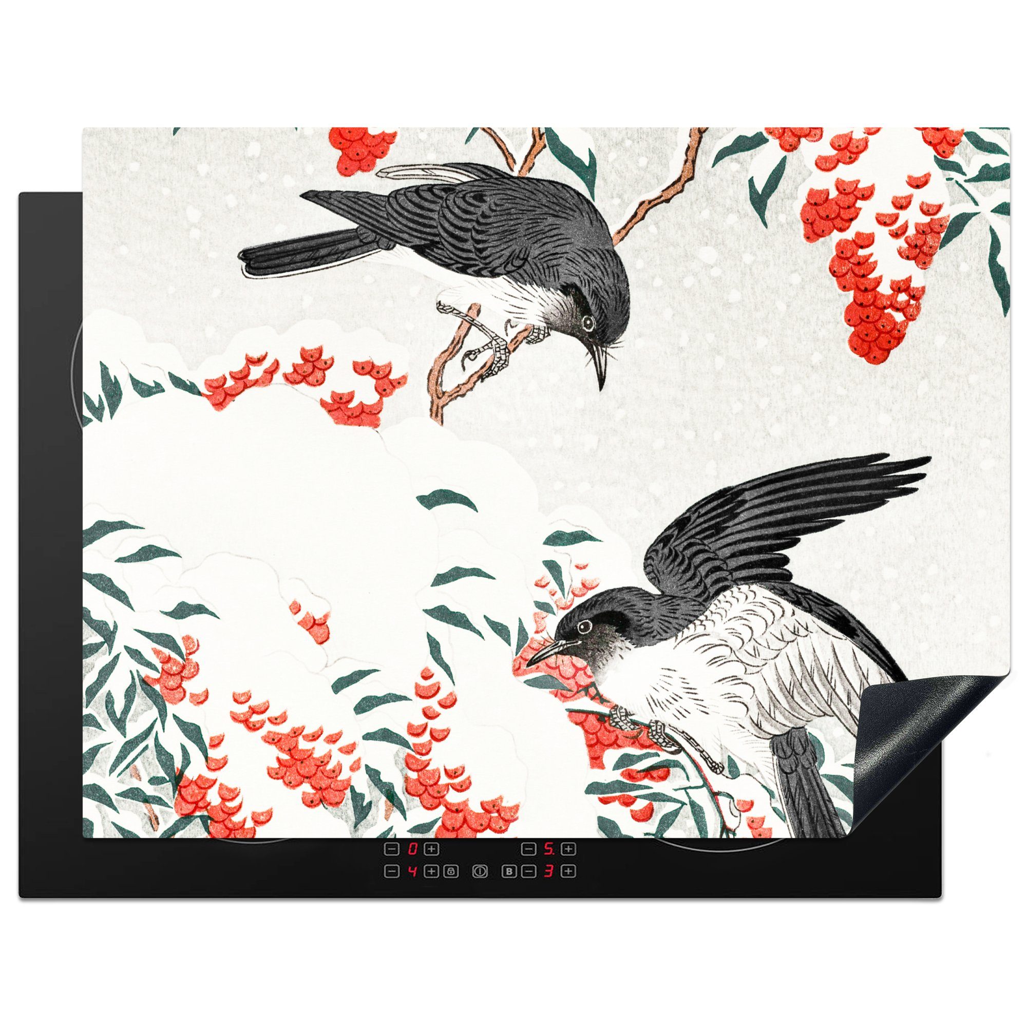 MuchoWow Herdblende-/Abdeckplatte Beere - Vögel - Japan - Schwalbe, Vinyl, (1 tlg), 77x59 cm, Ceranfeldabdeckung, Arbeitsplatte für küche