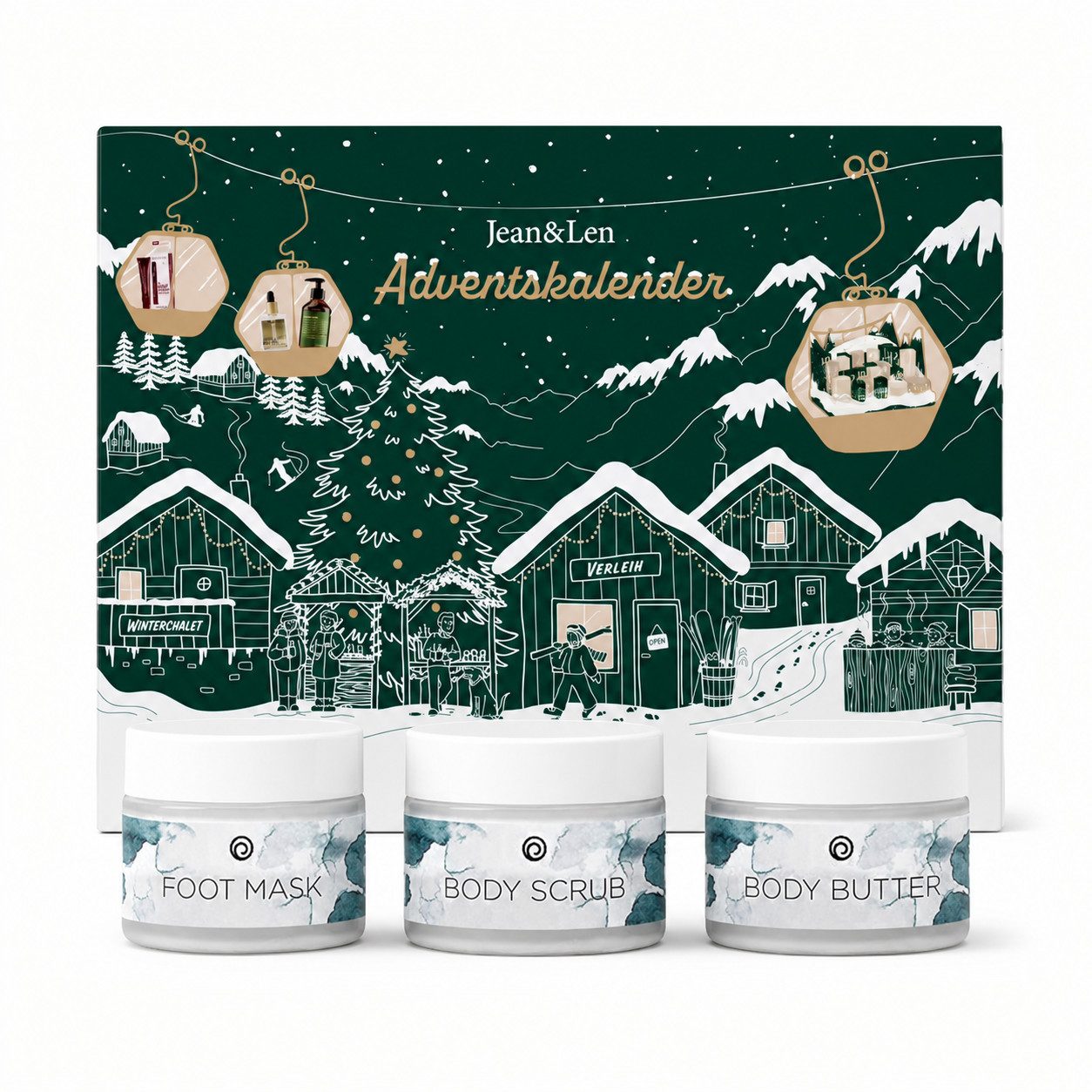 Jean & Len ohne Gedons* Adventskalender Beauty-Adventskalender 2026 (Set, 27-tlg), Originalgrößen + Foot Mask, Body Scrub und Body Butter