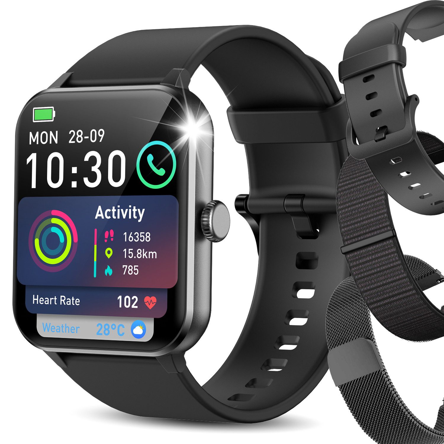 blackview Smartwatch Damen Herren mit 7 Tagen Akkulaufzeit,3 Armbänder, 1,85" HD Smartwatch Set, 1-tlg., 3× Armbänder (Silikon + Metall + Geflochten) und Ladekabel, 350mAh,KI-Sprachassistent, HR,SpO₂,Schlaf,100+Sportmodi,Schritten,IP68