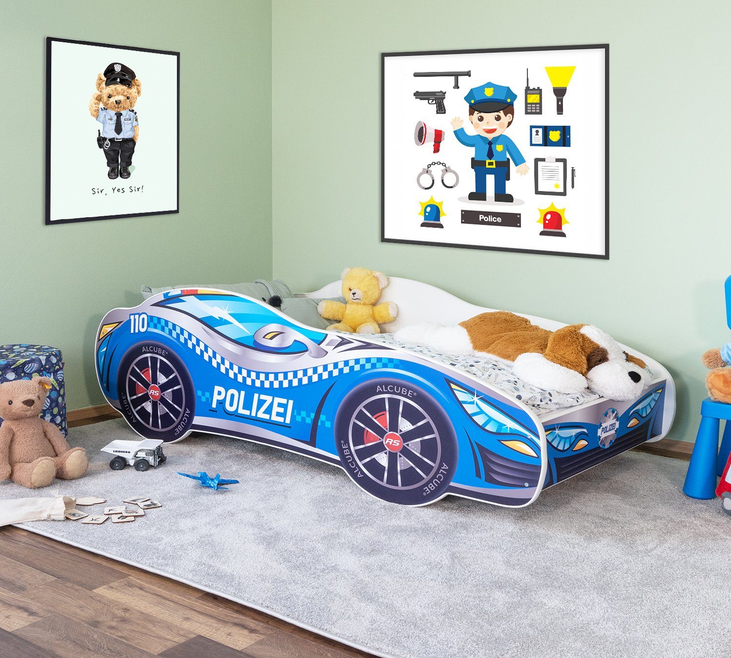 Alcube Autobett Racer (Komplett-Set Bett mit Matratze und Lattenrost),  Kinderbett 70x140 cm PKW Polizei, Rennwagen-Design Auto bett 140x70 cm
