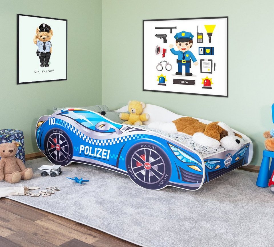 Alcube Autobett »Racer«, Auto Kinderbett 70×140 cm PKW Polizei Rennwagen-Design mit Matratze, Lattenrost & Rausfallschutz