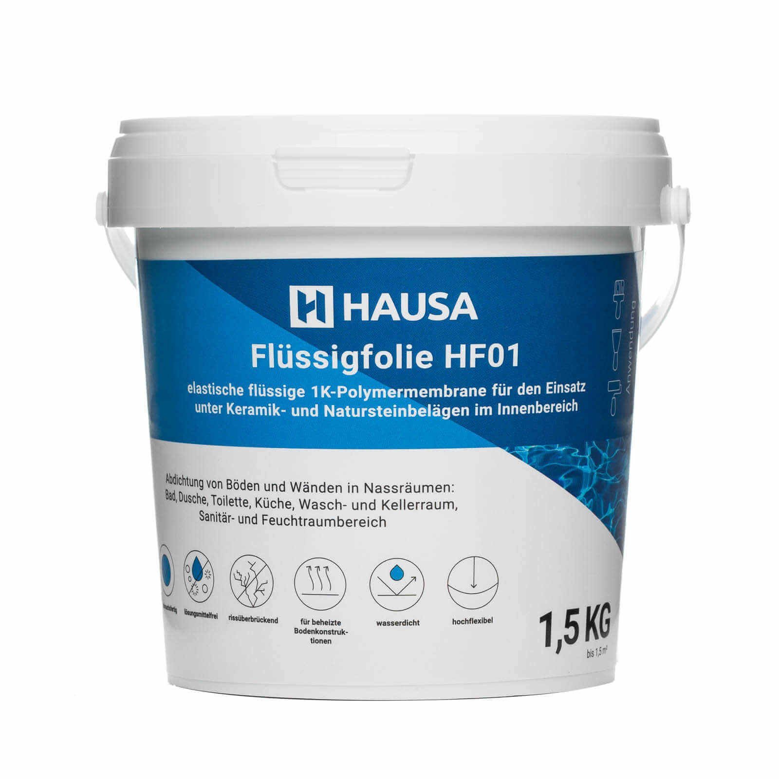 Hausa Dichtstoff Flüssigfolie HF01, Dichtfolie für Bad Dusche Küche 1,5kg, Eimer, (bis 1,5m² blau Badabdichtung, absolut wasserdicht lösemittelfrei Dichtmasse), Duschabdichtung elastische Abdichtung unter Fliesen