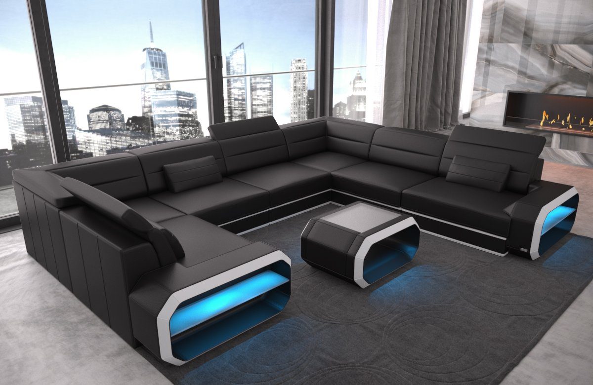 Sofa Dreams Wohnlandschaft Leder Sofa Verona U Form Ledercouch Ledersofa, Couch, mit LED, wahlweise mit Bettfunktion als Schlafsofa, Designersofa