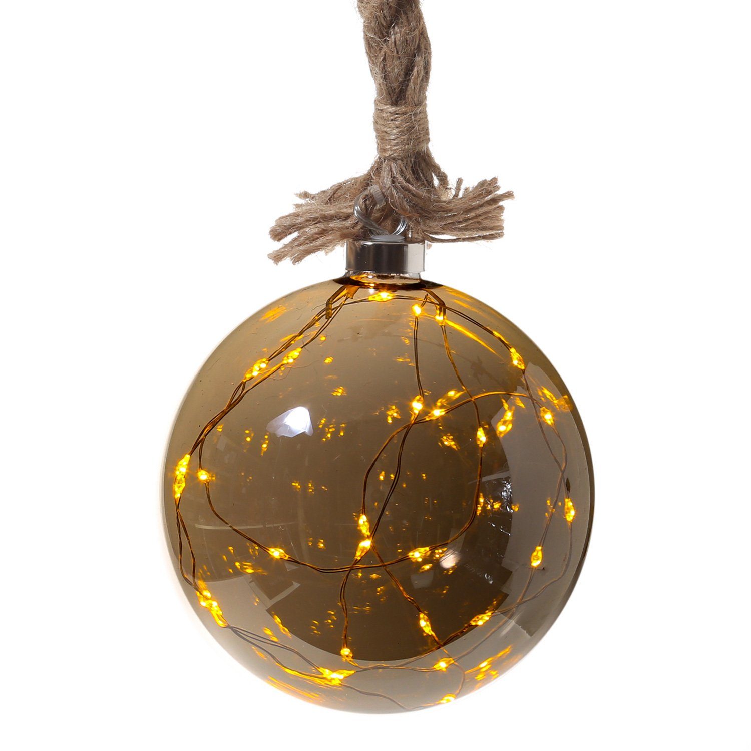 MARELIDA LED Dekolicht LED Glaskugel Deko Kugel Juteseil beleuchtet Timer Rauchglas D: 20cm, LED Classic, ultra-warmweiß / bernstein (1800K bis 2100K)