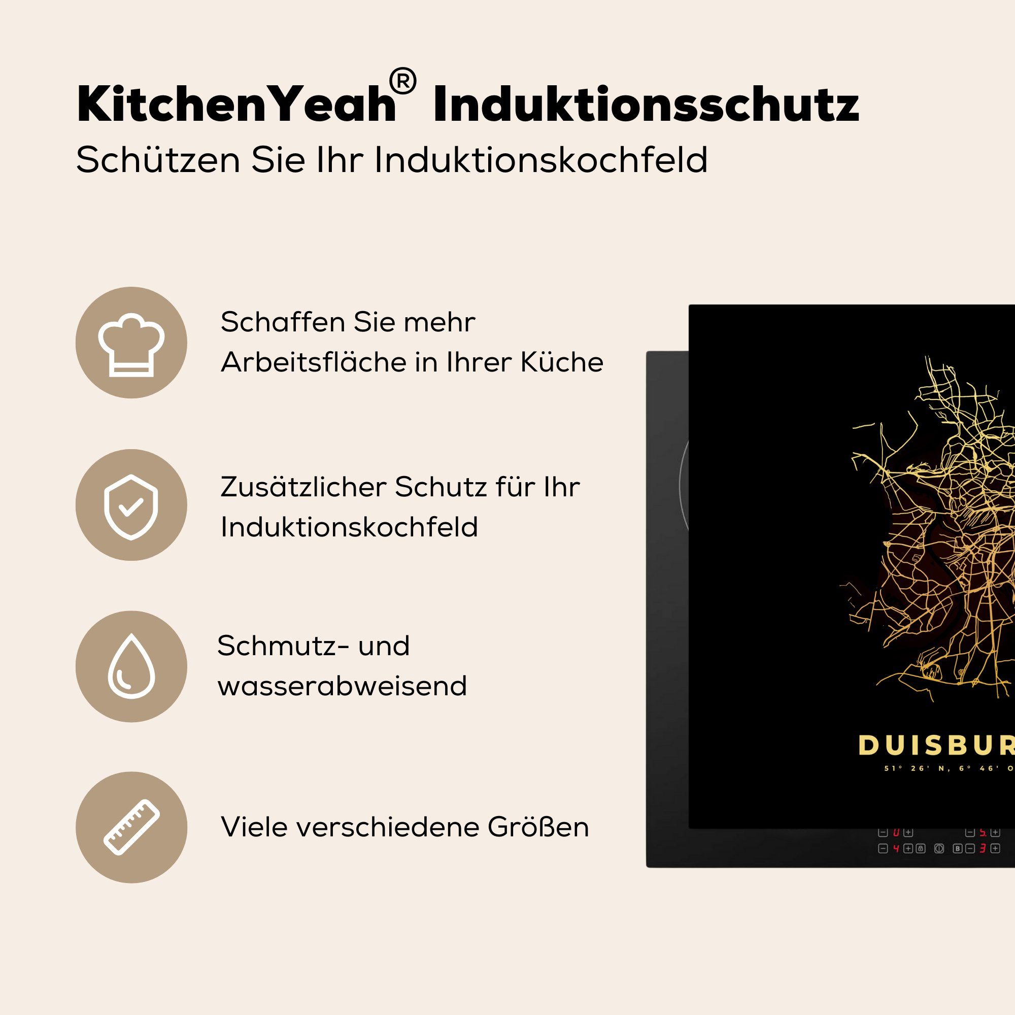 MuchoWow Herdblende-/Abdeckplatte Karte 78x78 cm, Vinyl, für Duisburg Ceranfeldabdeckung, - Stadtplan, Gold tlg), küche (1 Arbeitsplatte - 