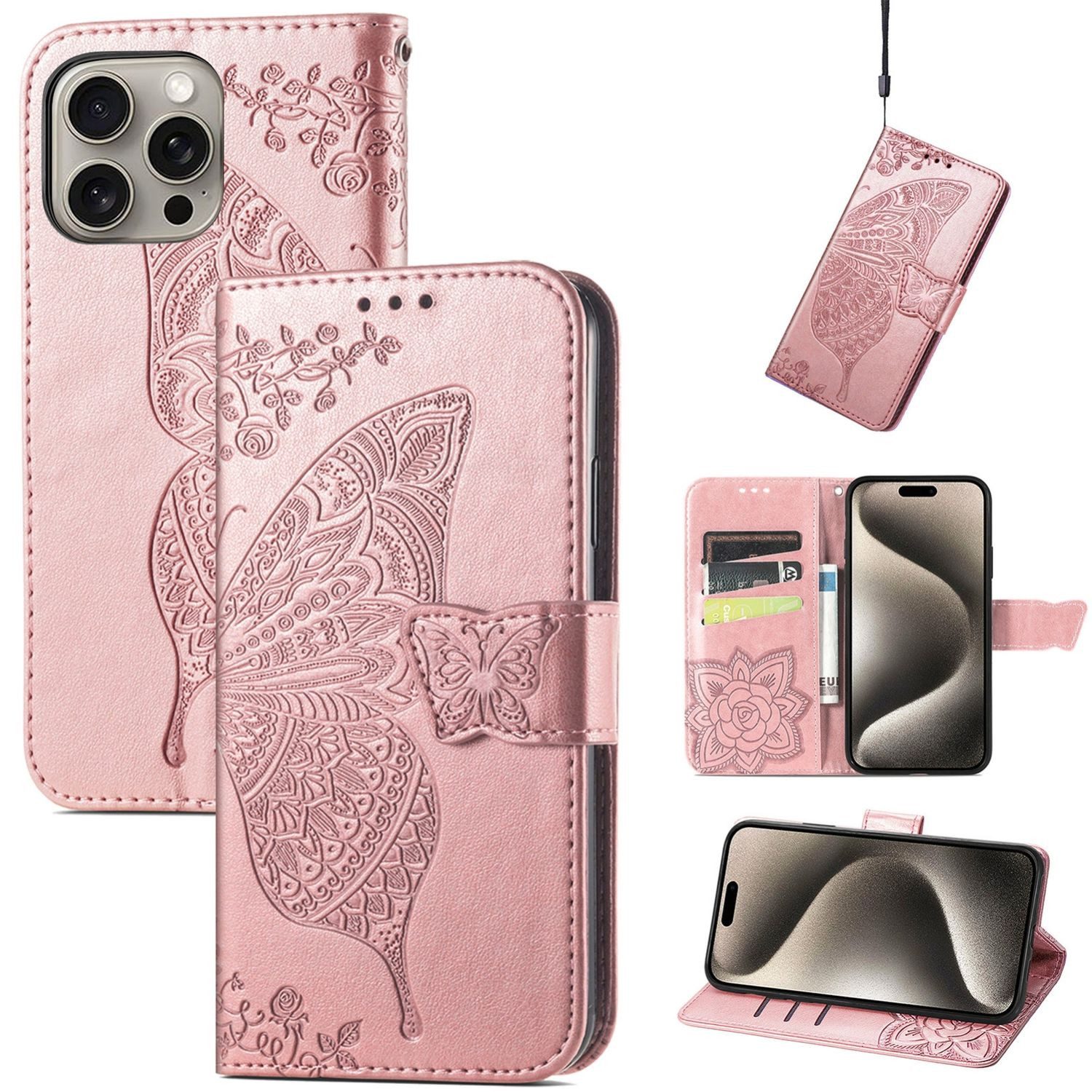 Wigento Smartphone-Hülle Für Apple iPhone 16 Pro Kunstleder Wallet Schmetterling Hülle Rosa, Kunst-Leder Schutzhülle Smart Case Cover magnetischer Verschluss
