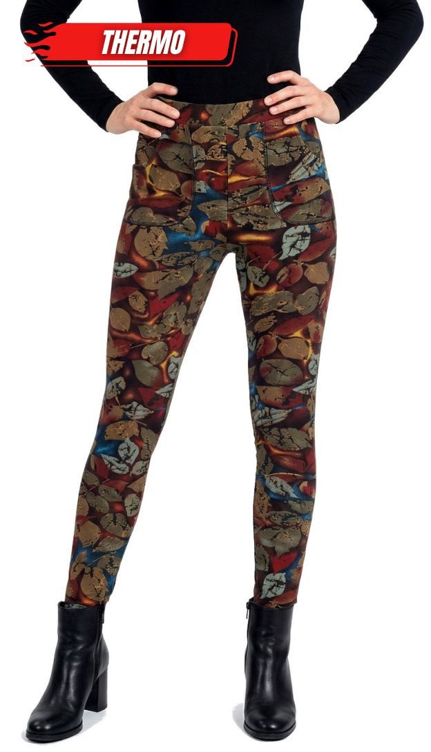 dy_mode Thermohose Damen Thermohose Herbstlaub-Muster Gefütterte Winterleggings Middel Waist, mit Innenfutter, mit elastischem Bund