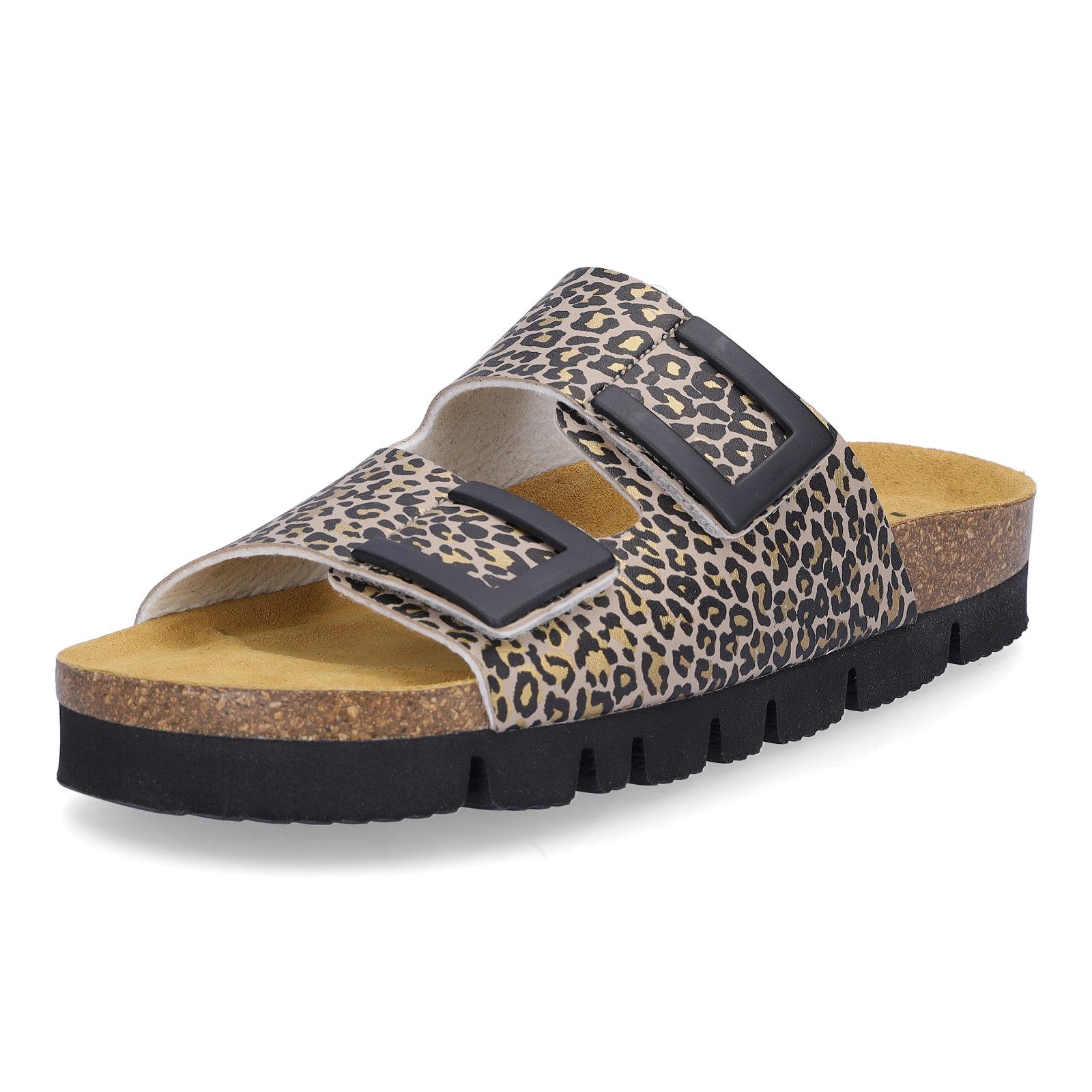 MIDS MIKA Damen Pantolette leo, Zweiriemer mit Animalprint, Klettverschluss und Lederfußbett