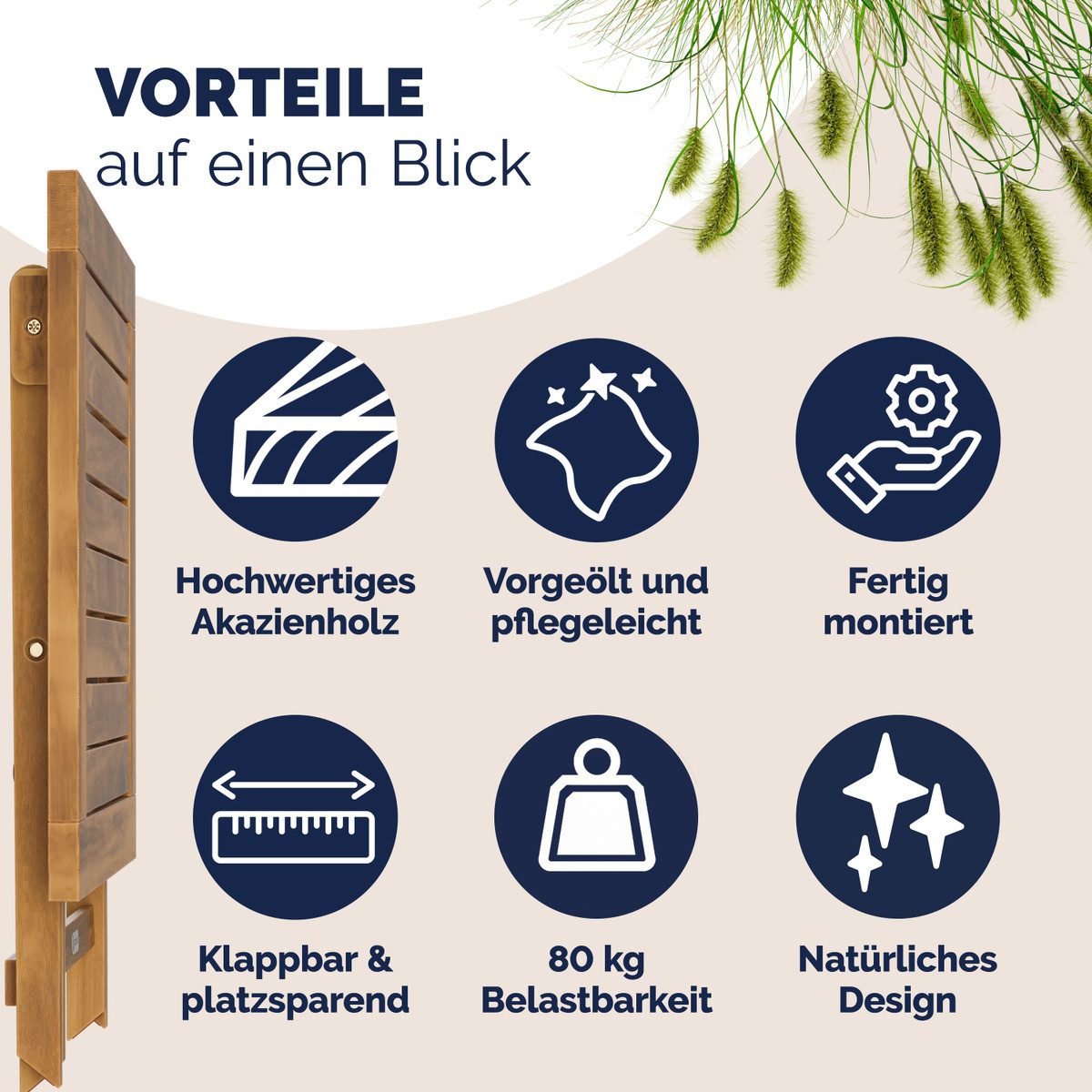 Casaria Klapptisch Akazie (1-St), Holz Vollmontiert Klappbar 80kg Belastbar 46x46cm wetterfest Balkon