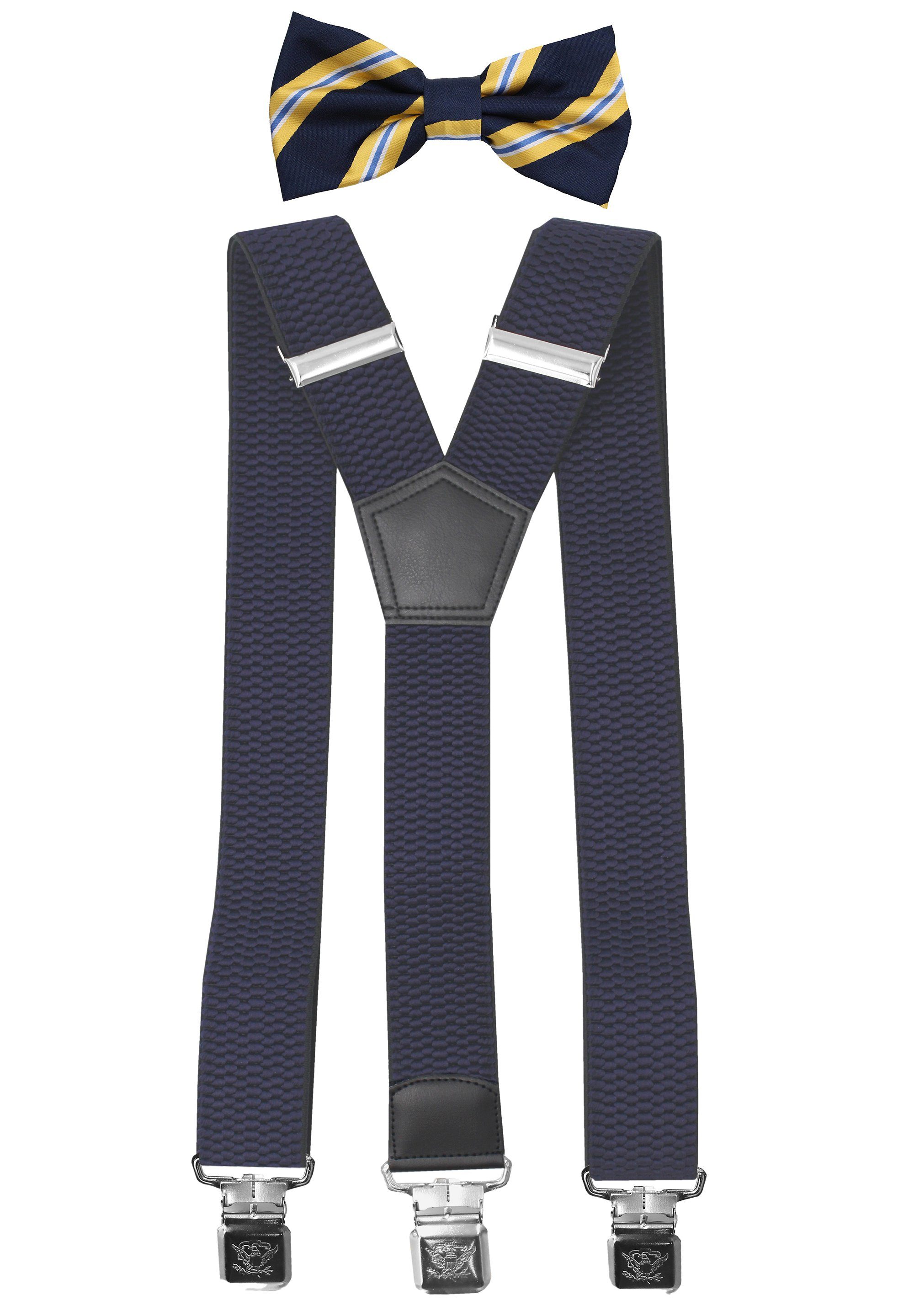 Fabio Farini Hosenträger mit passender Fliege als Set 4cm Y-Form für Herren Pack Dunkelblau 4cm Hosenträger - Dunkelblau/Gelb Gestreifter Fliege