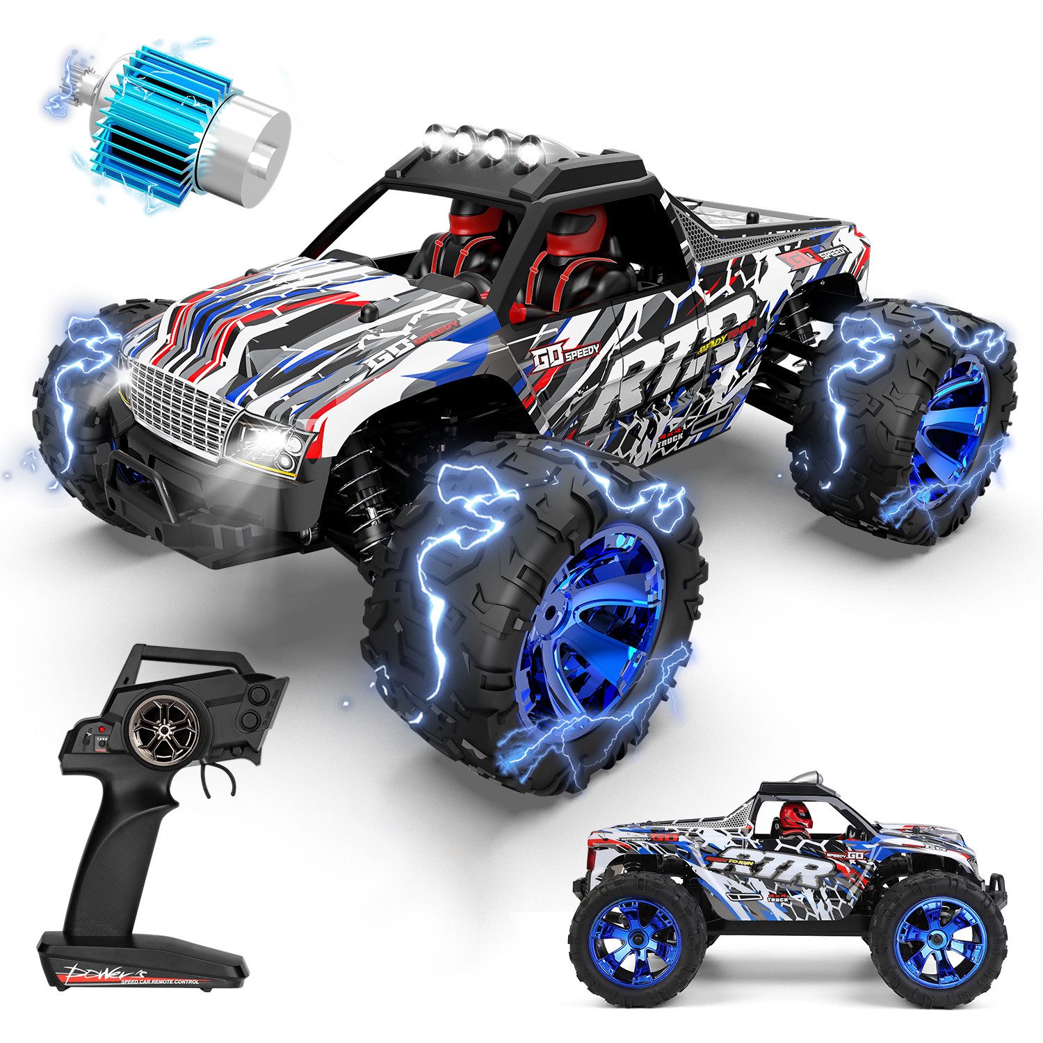 Esun RC-Auto Ferngesteuertes Auto 1/14, 35+KM/H RC Auto mit Lichtern, Monstertruck (SET, 2.4GHz Ferngesteuerter Monstertruck), mit 2 Akku 30 Minuten, 2.4GHz RC Auto Offroad