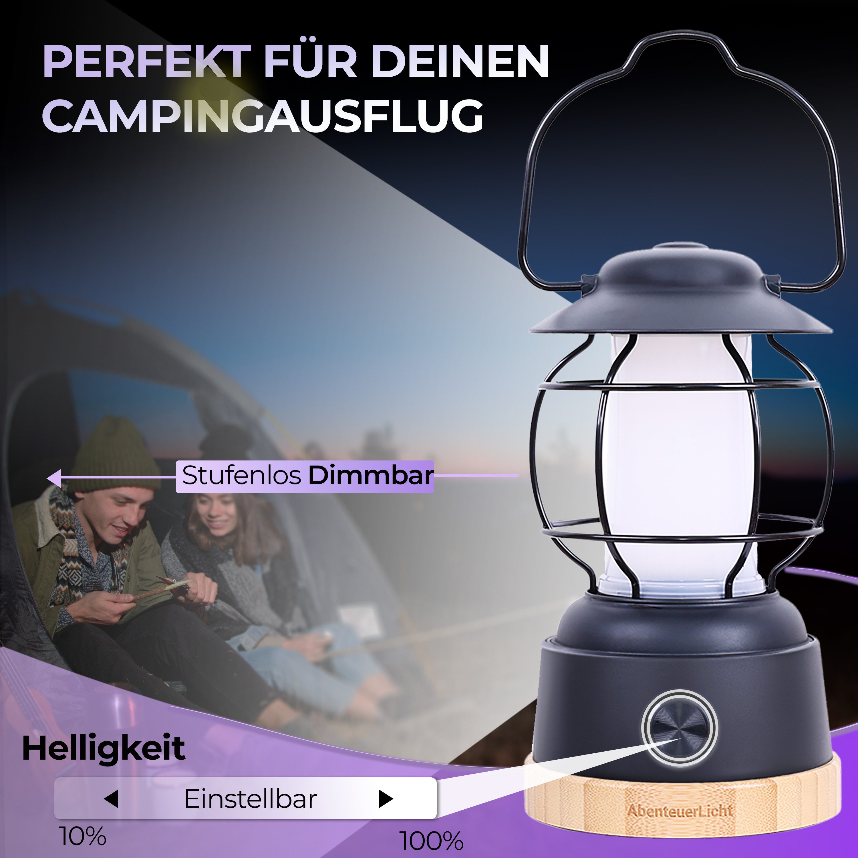 lilatec LED Außen-Tischleuchte Lilatec LED-Campingleuchte AbenteuerLicht schwarz, Integriert, 2200K - 5000K