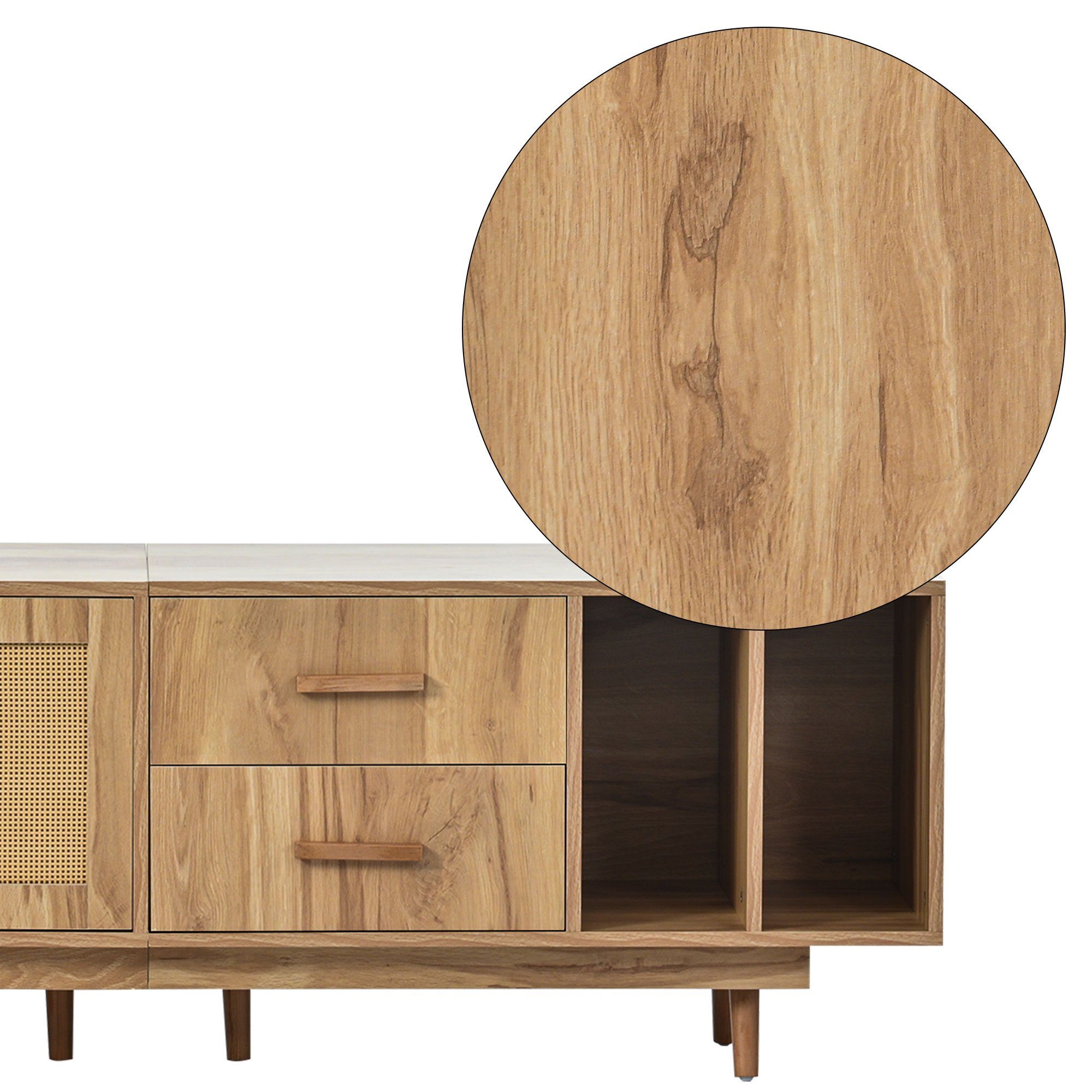 Lowboard (mit 2 Schiebetüren, 1 Türen und 2 Schublade), TV-Schrank Türen aus Rattangeflecht, Massivholzbeine, Breite 190 cm