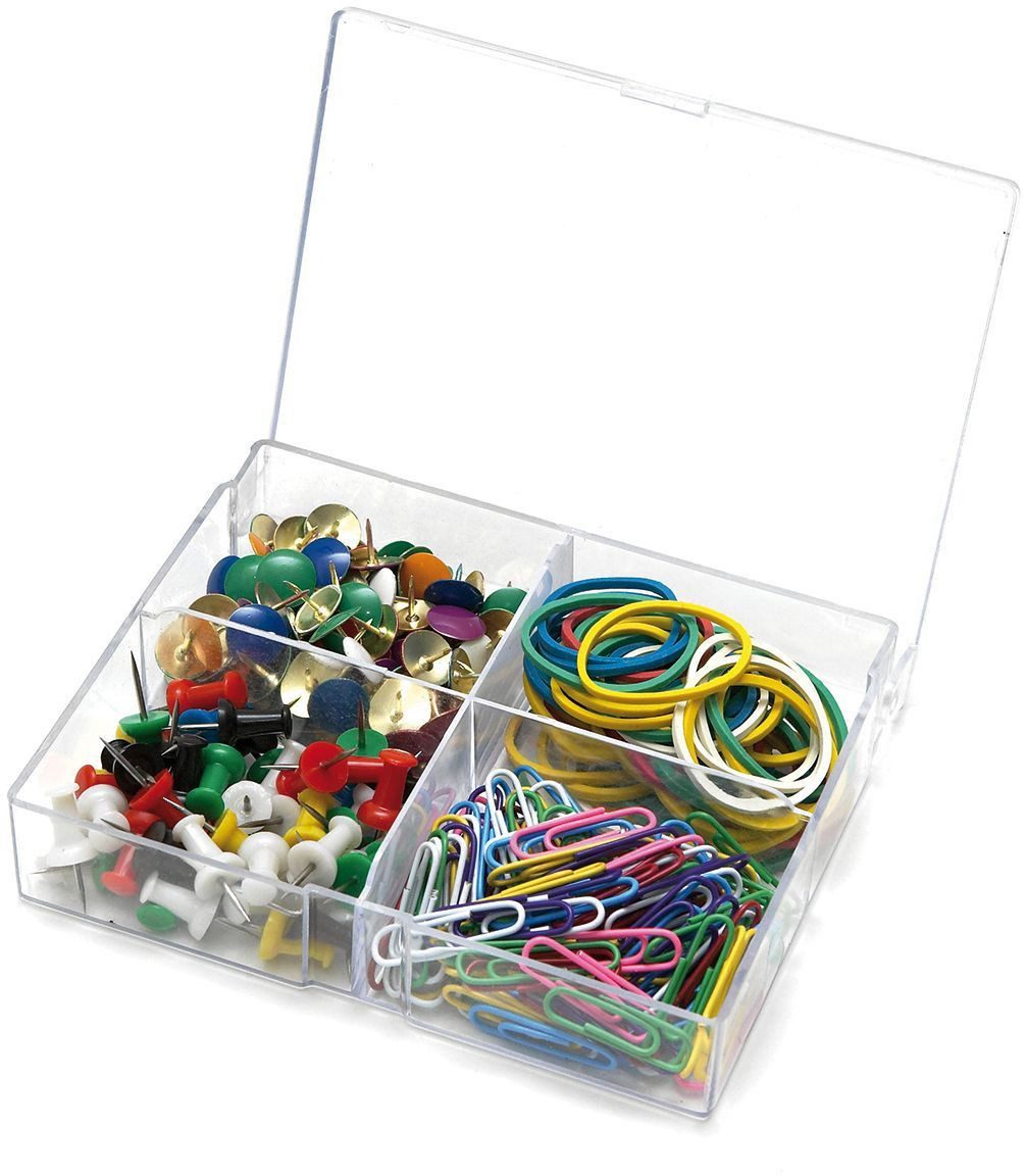 ALCO Gummibänder Sortimentsdose Gummiringe Briefklammern Pinnnadeln Reißnägeln