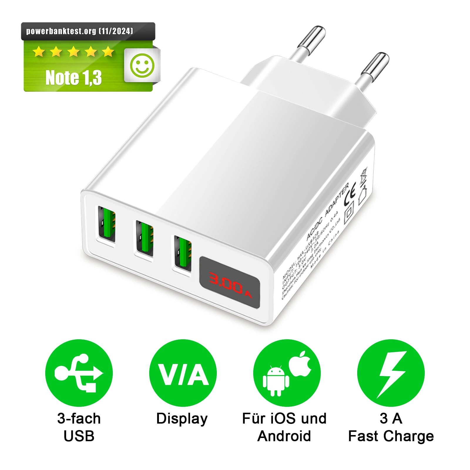 EAXUS 3A USB Netzteil mit Schnellladefunktion und Display USB-Ladegerät (3000,00 mA, 1-tlg., Zeigt Ladegeschwindigkeit an, 3 USB Ports für gleichzeitiges Laden)
