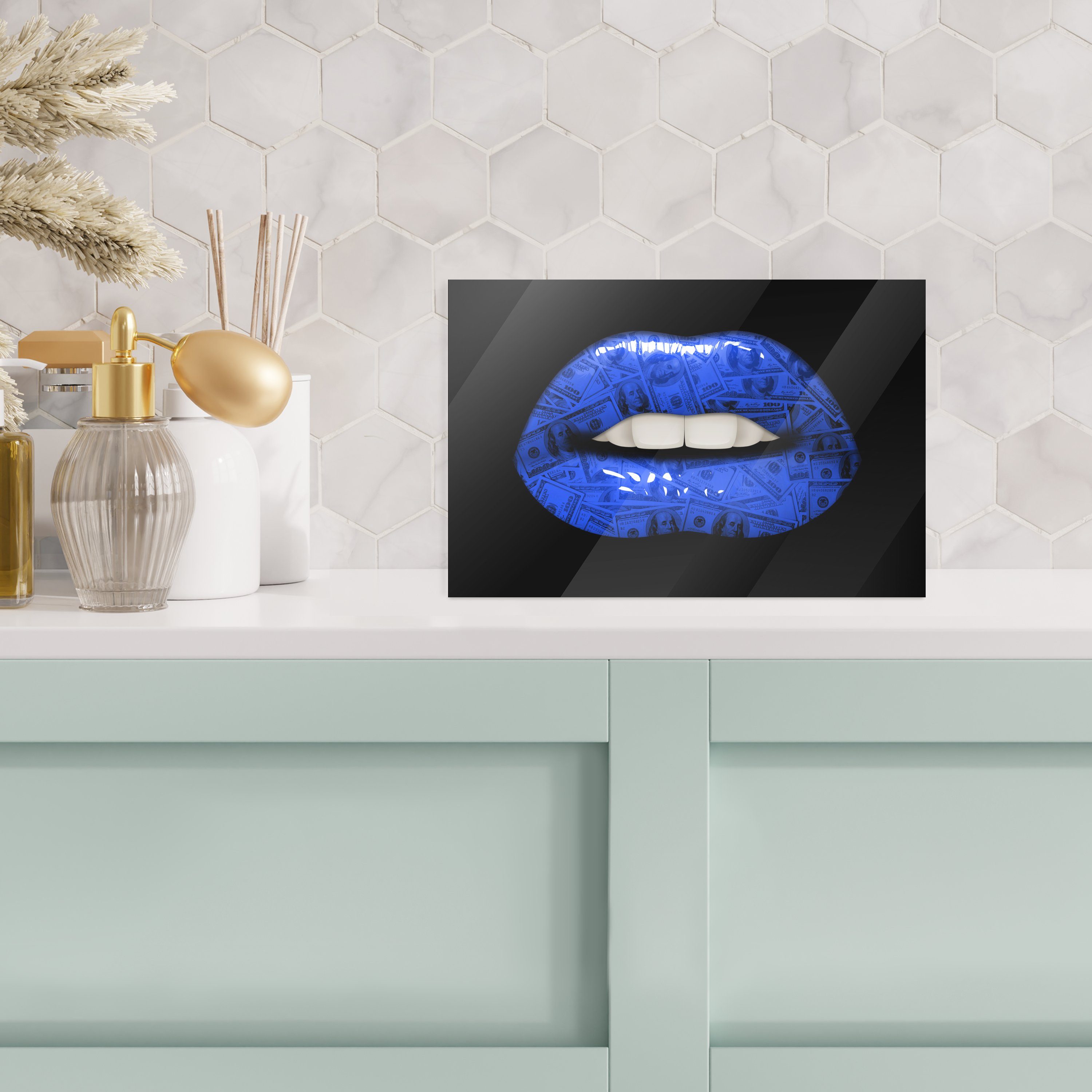 MuchoWow Acrylglasbild Lippen - - St), auf Bilder - (1 Glasbilder Wandbild Glas - Geld - auf Blau, Foto Wanddekoration Glas