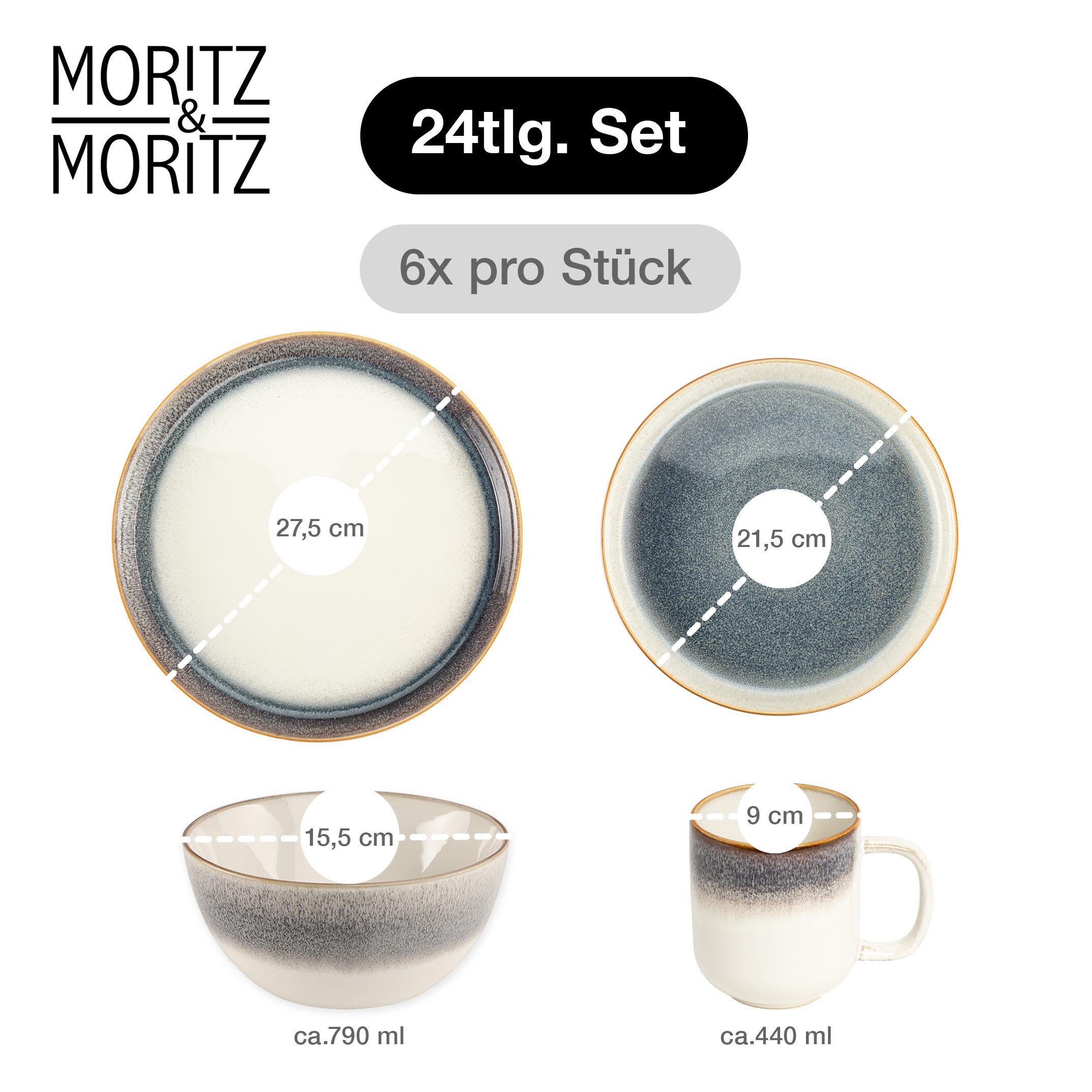 Moritz & Moritz Kombiservice TARENTO Geschirrset 24tlg Grau (24-tlg), 6 Personen, Steinzeug, Kombigeschirr für 6 Personen