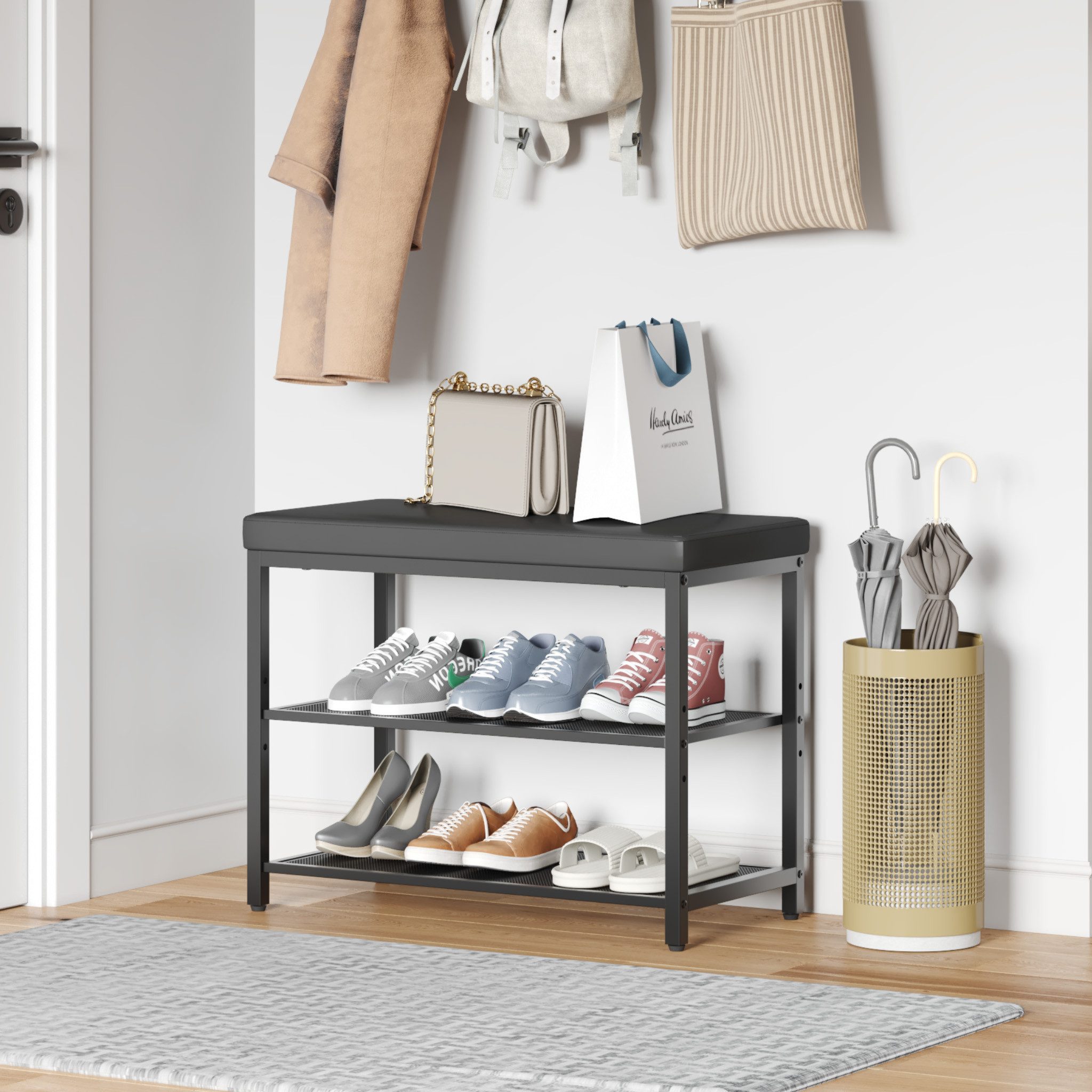 Mondeer Schuhbank Schuhregal (3-stufiges), Gepolsterte Bank mit Kissen und Netzregalen, 60 x 50 x 30 cm – Bild 2 von 5