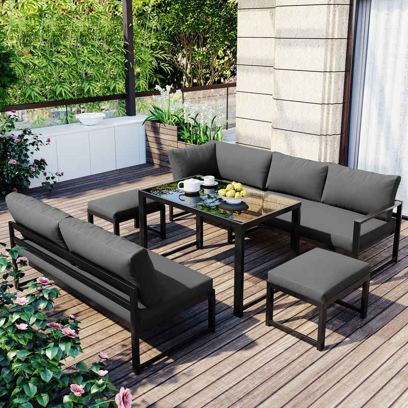 REDOM Gartenlounge-Set Gartenmöbel, (Balkonset Aluminium Lounge-Sofagarnitur Rasen Terrasse Balkon Strand), (Loungeset 1 Ecksofa + 2 Hocker + 1 Tisch mit Sitz- und Rückenkissen), Glastisch Indoor Outdoor 8 Personen wetterfest verstellbar Rückenlehne