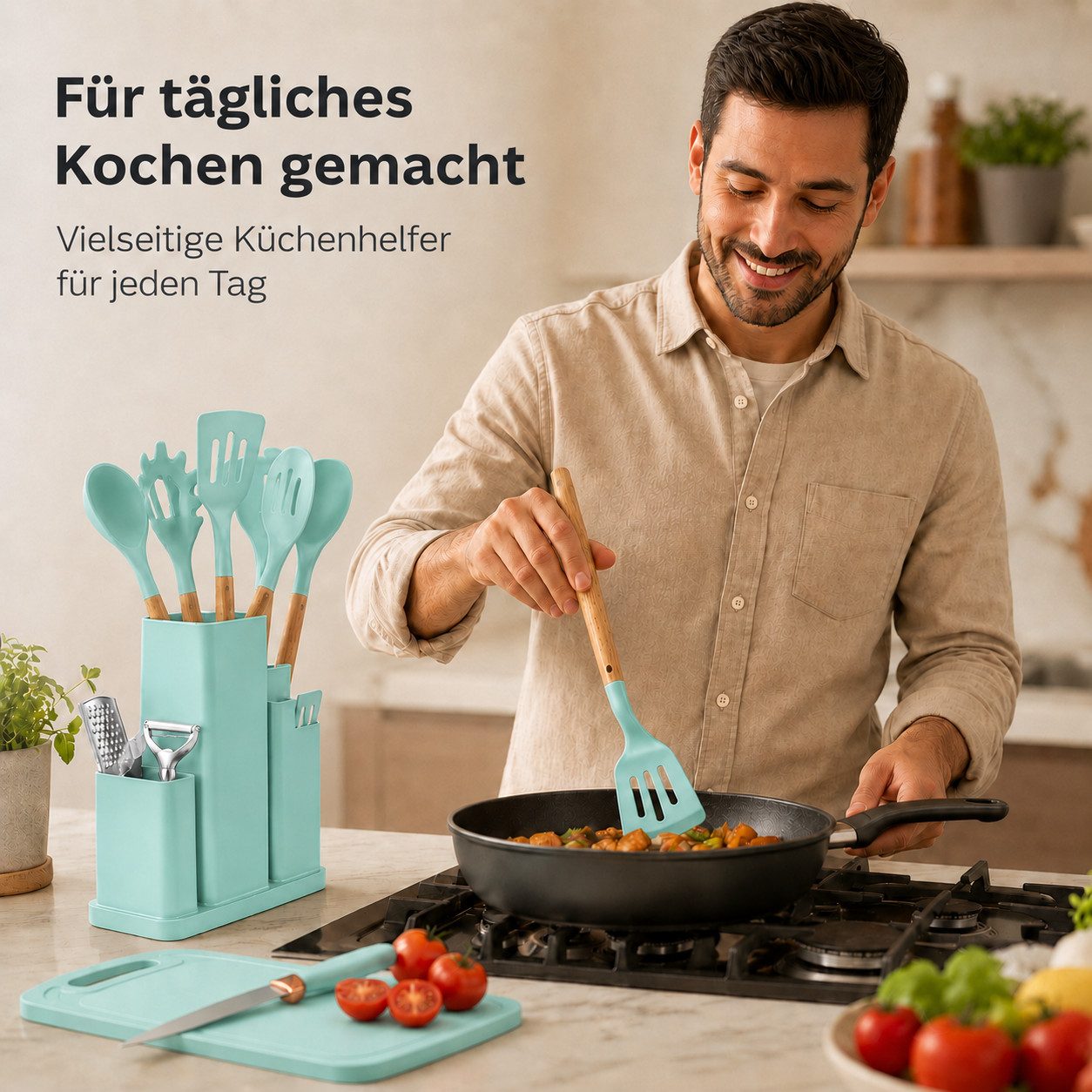 Diyarts Kochbesteck-Set (für beschichtete Pfannen, inklusive Kochmesser, Komplettset mit 20 Küchenhelfern für vielseitiges Kochen), Schonende Silikon-Küchenhelfer mit Holzgriffen & Messer im Set