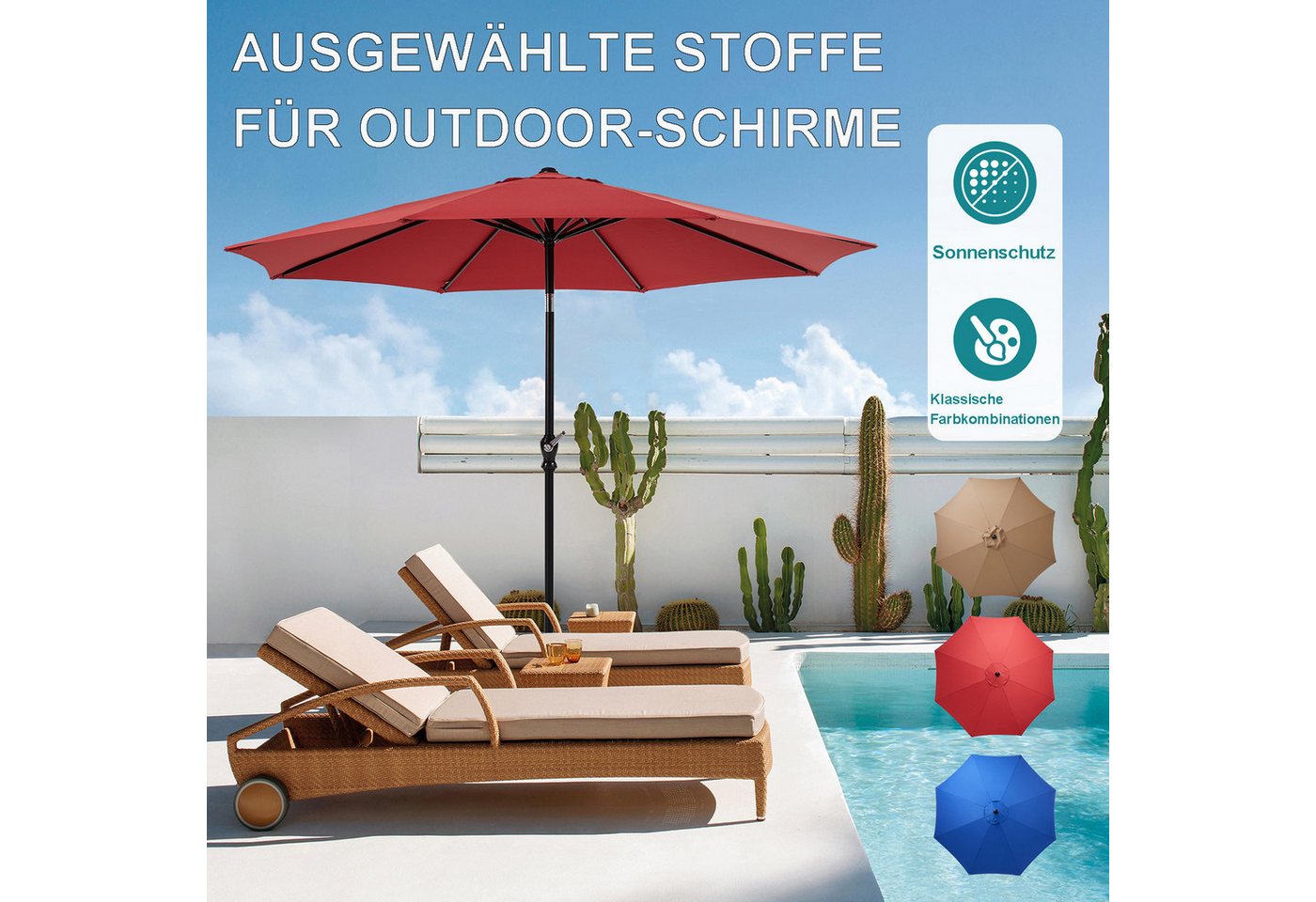Thumbnail - Fanttik Sonnenschirm wasserdicht Terrassenschirm mit Knopfneigung und Kurbel 270CM, Balkonschirm mit neigbar, Terrassens...