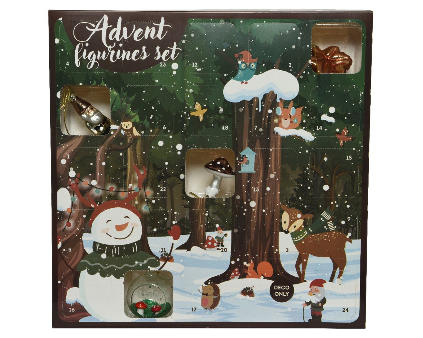 Decoris season decorations Adventskalender, Adventskalender mit Christbaumschmuck Tiere im Wald braun / grün
