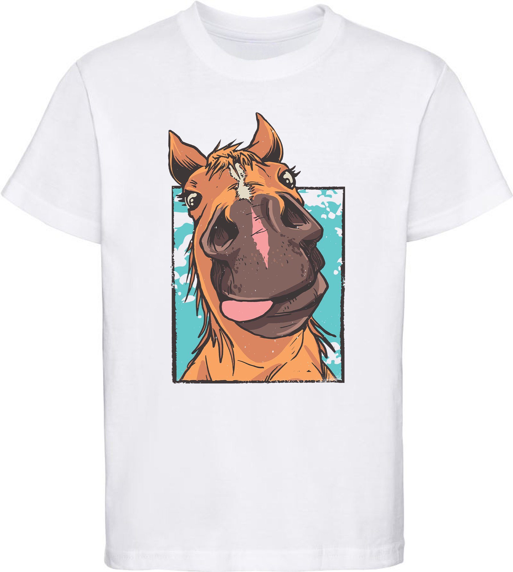 mit Kinder lustiger i153 bedrucktes Pferdekopf mit T-Shirt MyDesign24 Baumwollshirt Print-Shirt Zunge Aufdruck, weiss